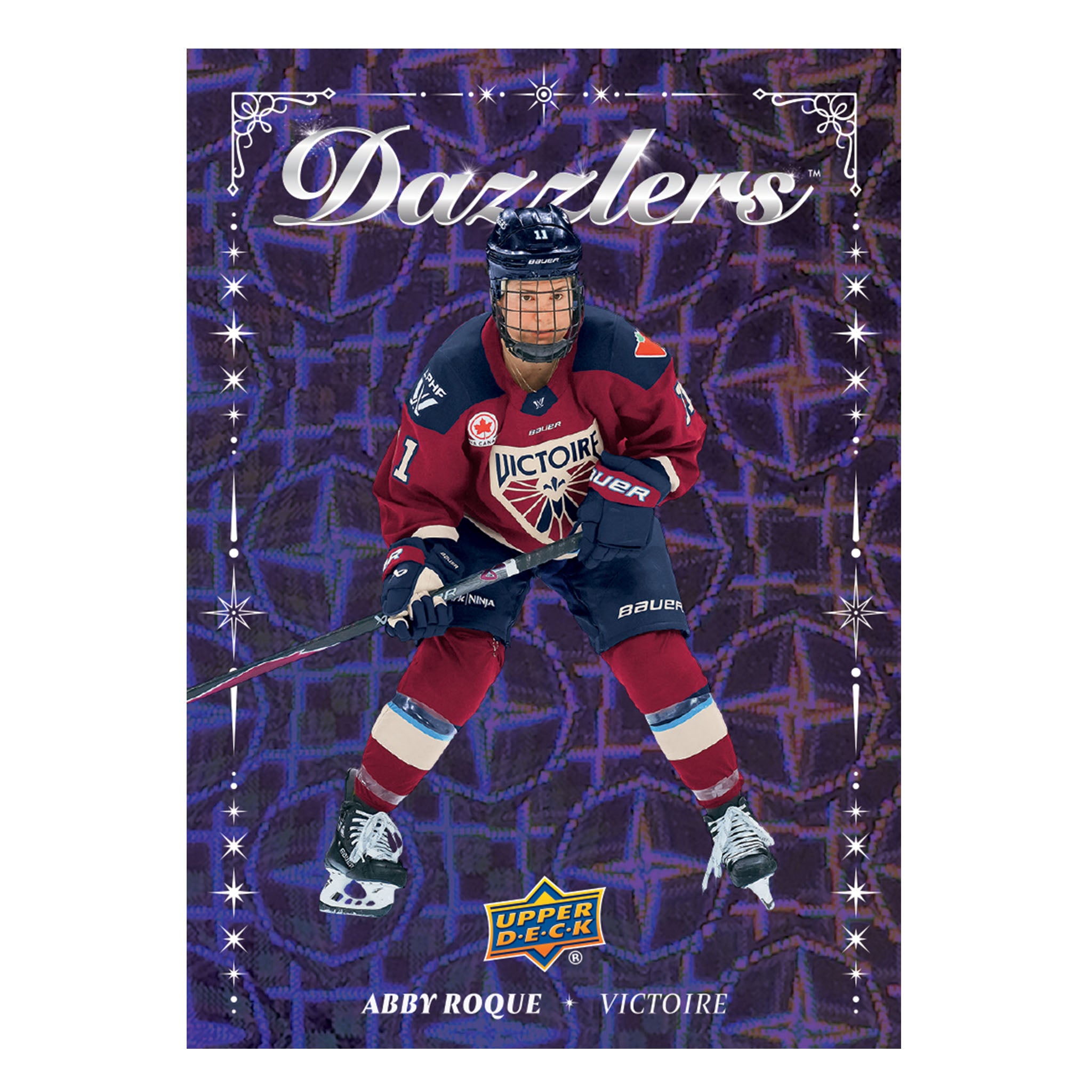 A hockey trading card featuring Abby Roque in a red and navy Victoria jersey, with a purple patterned background and the word 'Dazzlers' at the top. The card includes the Upper Deck logo.