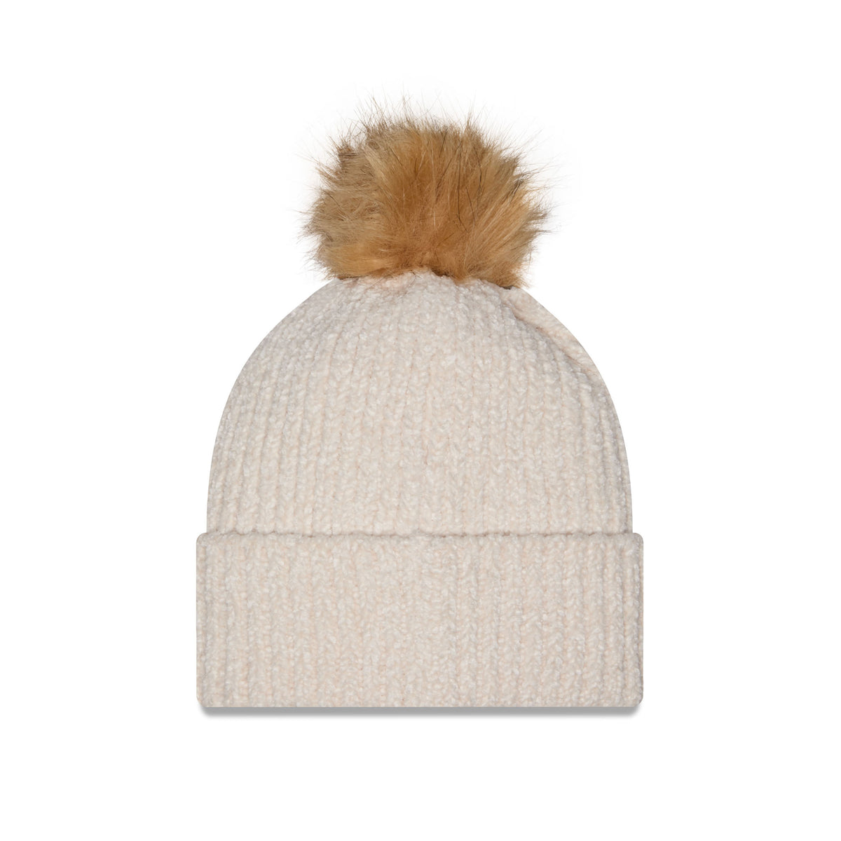 Back of cream-colored ribbed knit Minnesota Frost beanie hat with a brown faux-fur pom-pom on top and a cuffed brim.