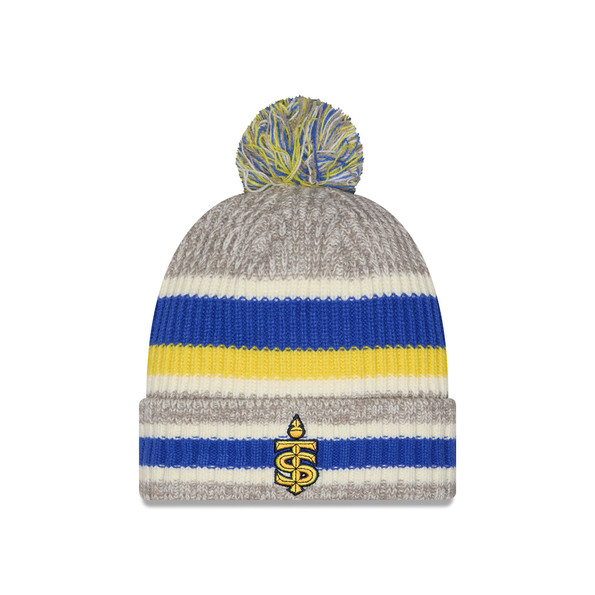 A knit pom-pom Toronto Sceptres beanie hat featuring horizontal stripes in heather blue, yellow, and cream, with a folded cuff displaying embroidered Toronto Sceptres Logo.