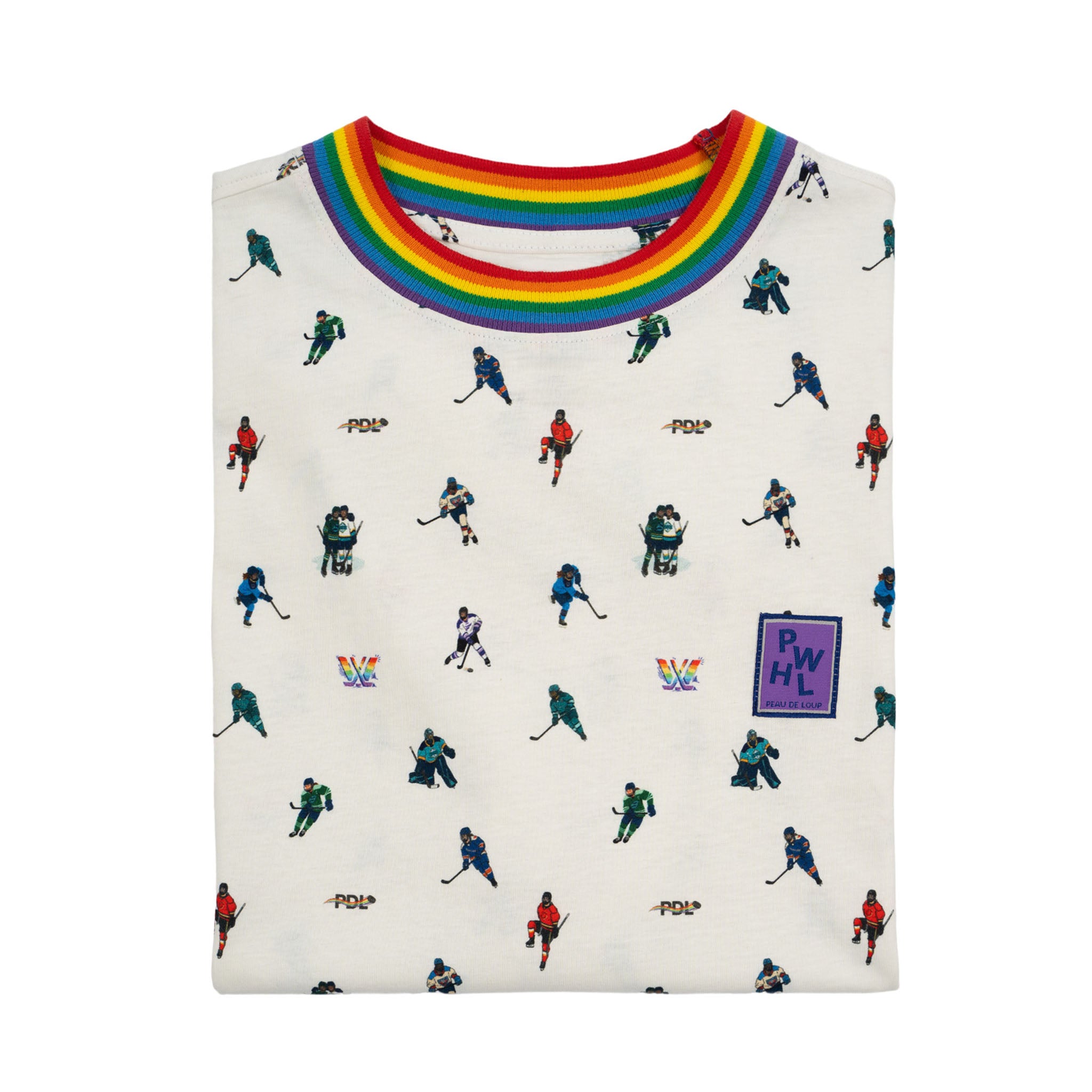 White shirt with hockey player pattern and rainbow collar on a white background