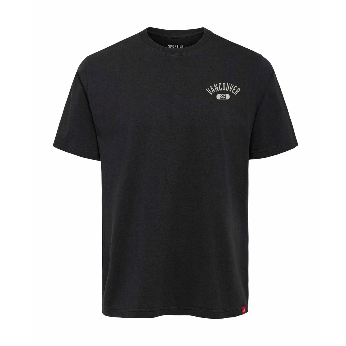 Front of a coal-color short sleeve shirt. On the left chest, 'VANCOUVER' in white arched writing with '25' in a white oval below it.