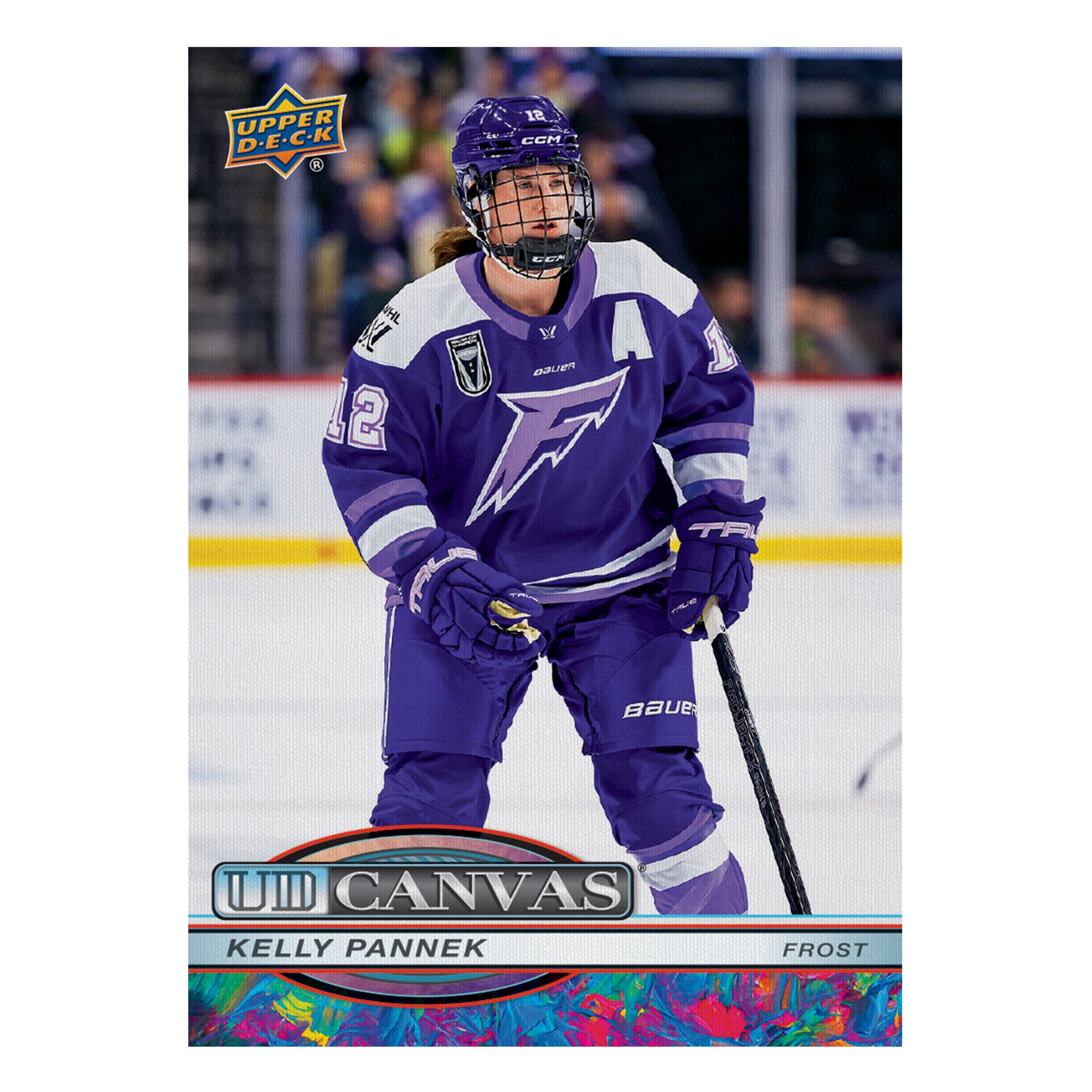 A 2023 Upper Deck trading card featuring hockey player Kelly Pannek in a purple and white uniform on the ice, with the 'Upper Deck' logo in the top left and a 'UD Canvas' banner at the bottom.