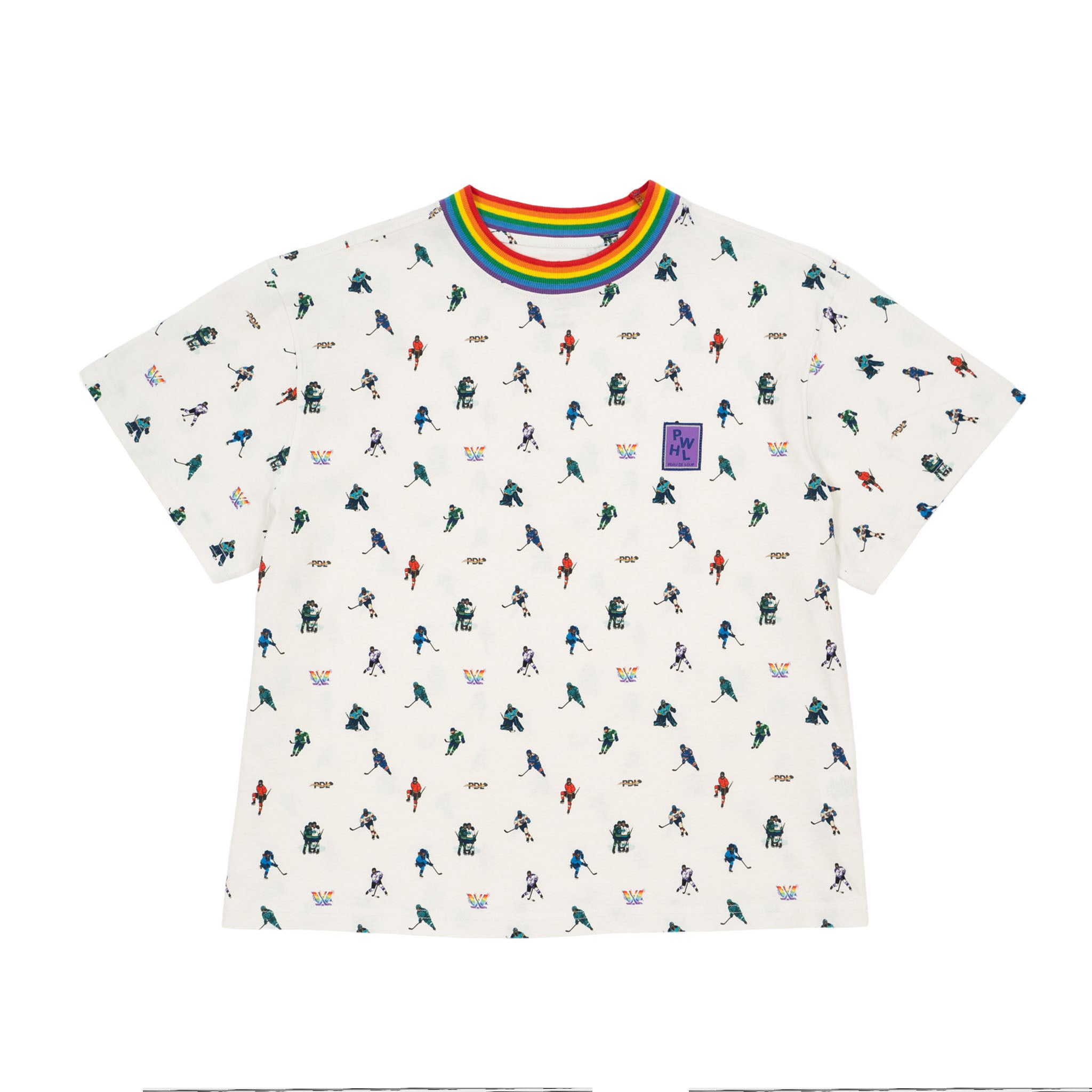 White t-shirt with colorful pattern and rainbow collar on a white background