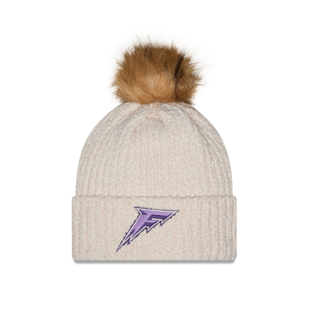 Front of cream-colored ribbed knit beanie hat with a brown faux-fur pom-pom on top and a cuffed brim featuring a Minnesota Frost logo.
