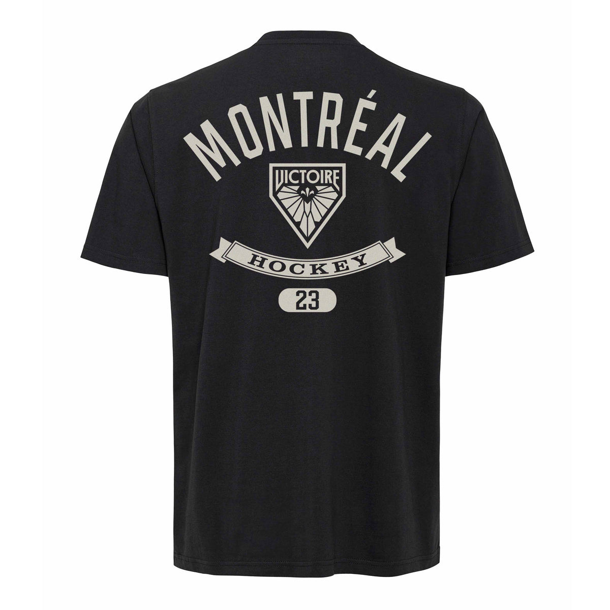 The back of a black short sleeve shirt with a white Montreal Victoire logo. Above it is 'MONTREAL' in white and below it is a robin with 'HOCKEY' cut out of it and an ovel with'23' cut out.