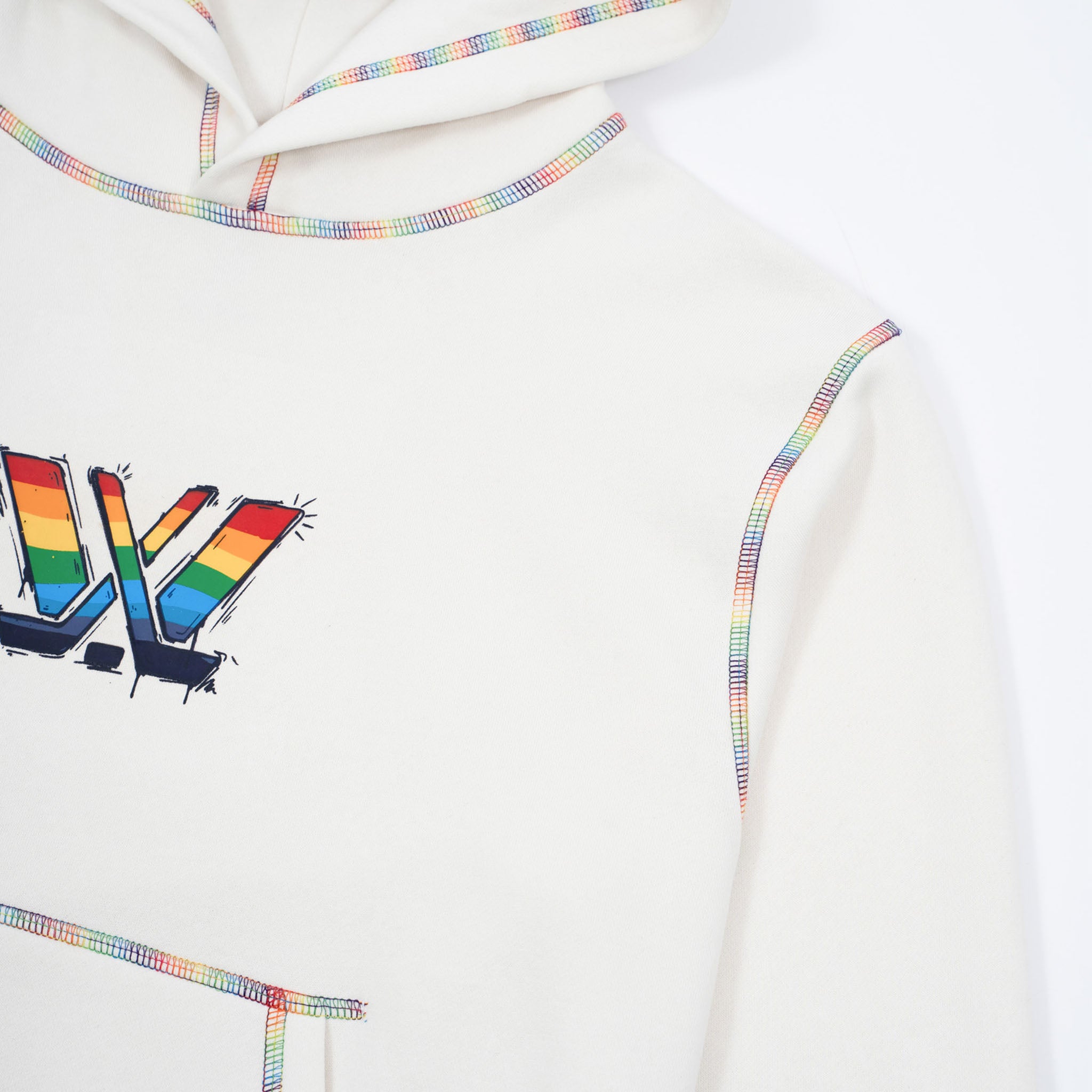 White hoodie with colorful design on a white background