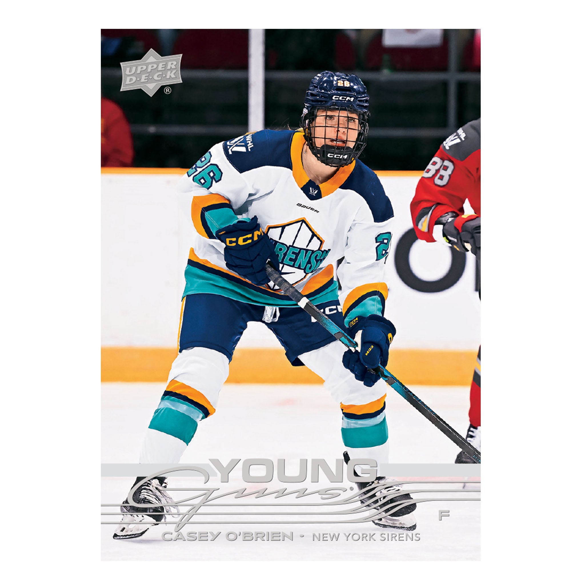 A hockey trading card featuring player Casey O'Brien in a New York Sirens jersey on the ice, with the Upper Deck logo in the top left and 'Young Guns' text at the bottom.