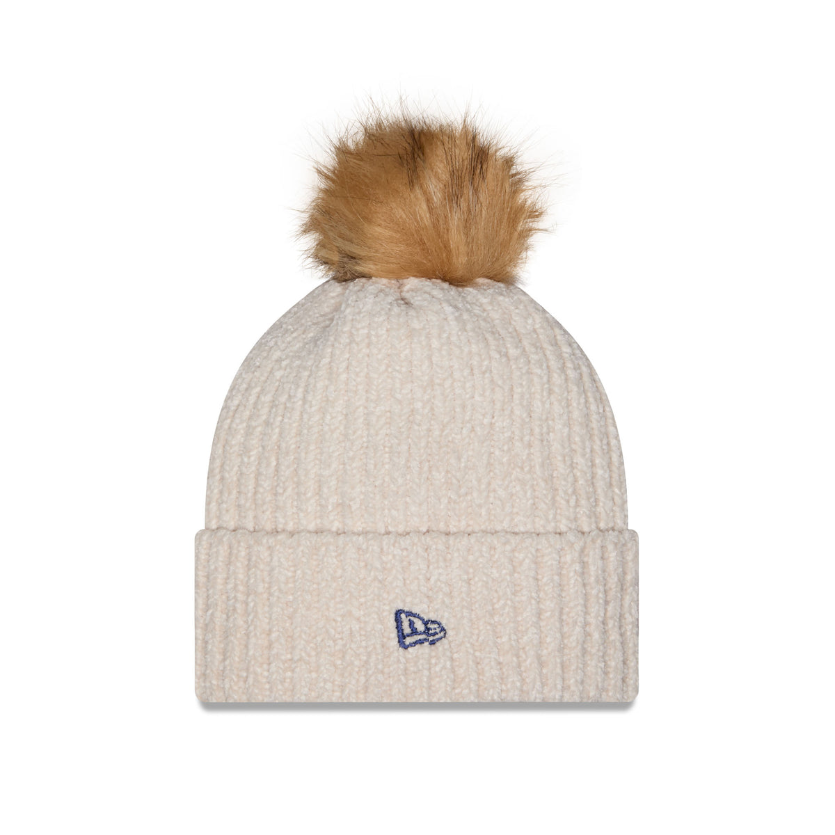 Side of cream-colored ribbed knit Toronto Sceptres beanie hat with a brown faux-fur pom-pom on top and a cuffed brim with blue New Era Logo.
