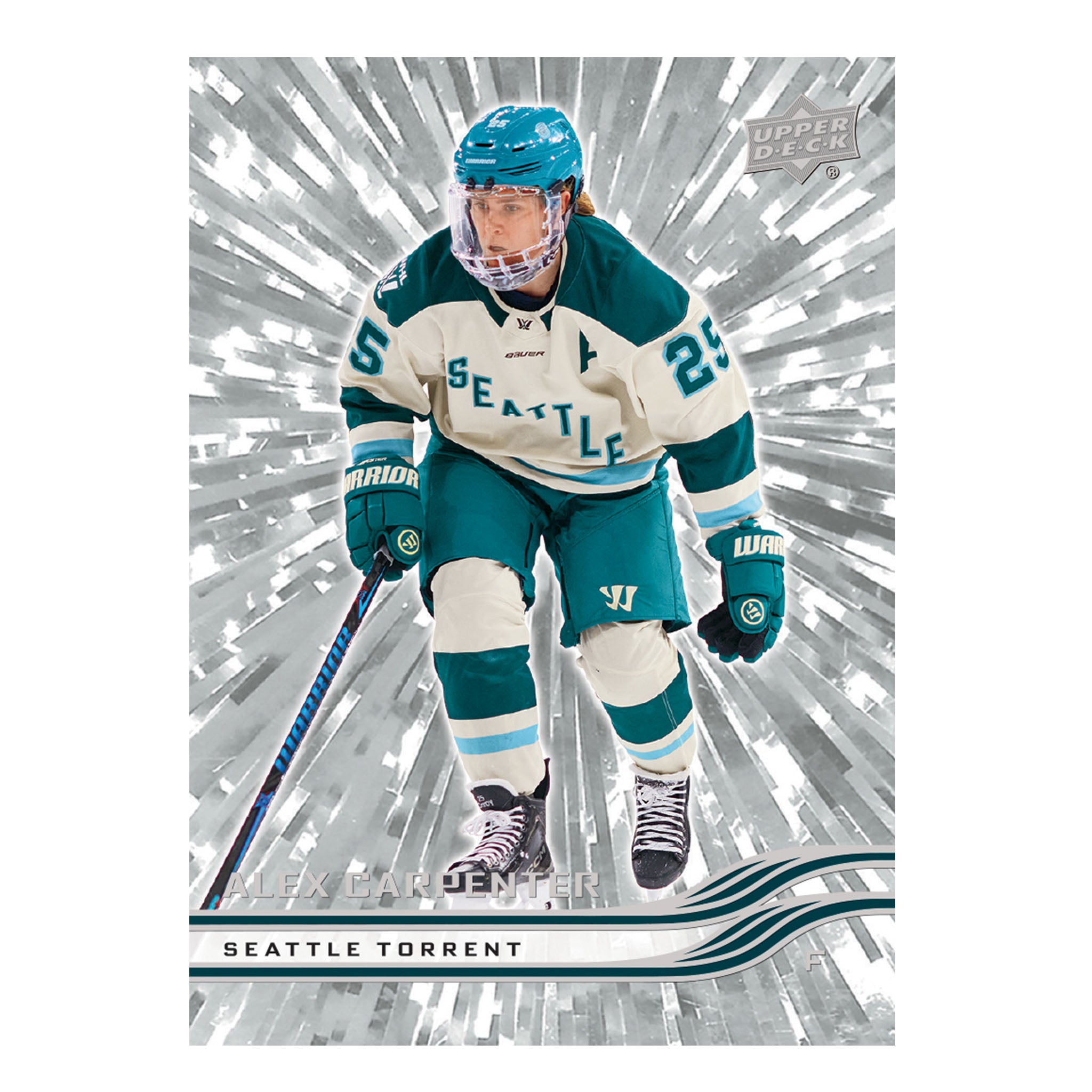 A collectible hockey trading card featuring Seattle Torrent in a teal and off-white Seattle Kraken jersey, with an Upper Deck logo in the top right and a silver burst graphic background.