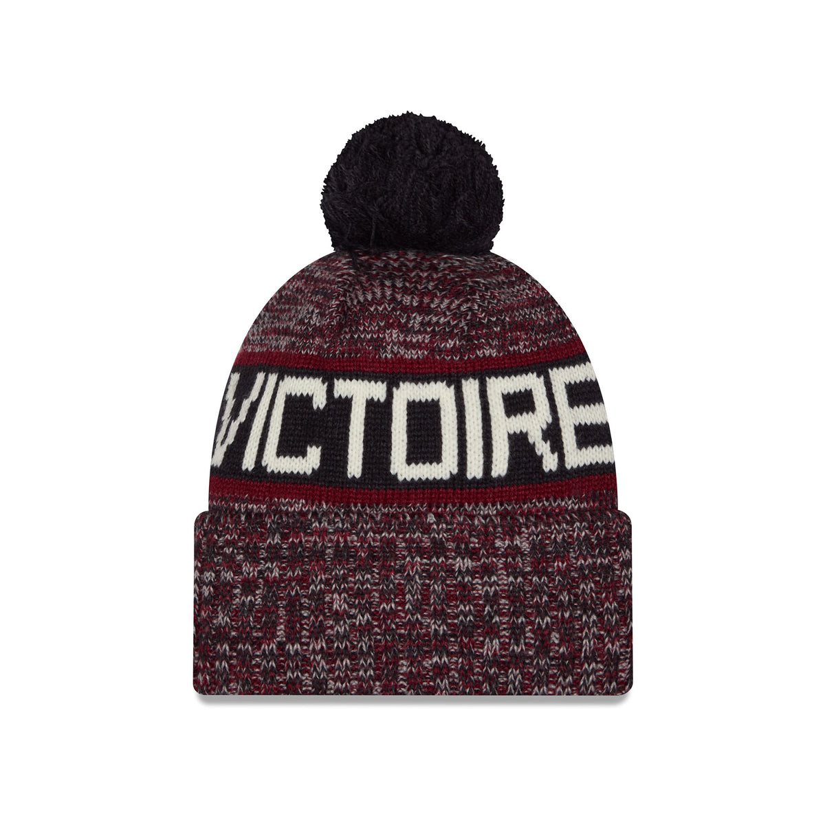 Back of a youth heathered maroon knit pom-pom Montreal Victoire beanie hat featuring large black and maroon stripe, VICTOIRE stitched into stripe and a folded cuff.