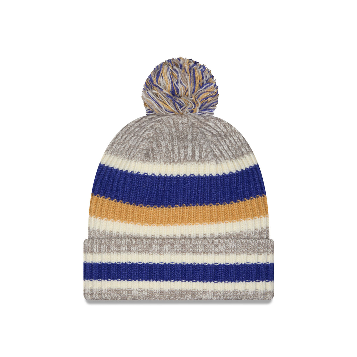 Back of a knit pom-pom Vancouver Goldeneyes beanie hat featuring horizontal stripes in heather gray, blue, cream, and gold, with a folded cuff.