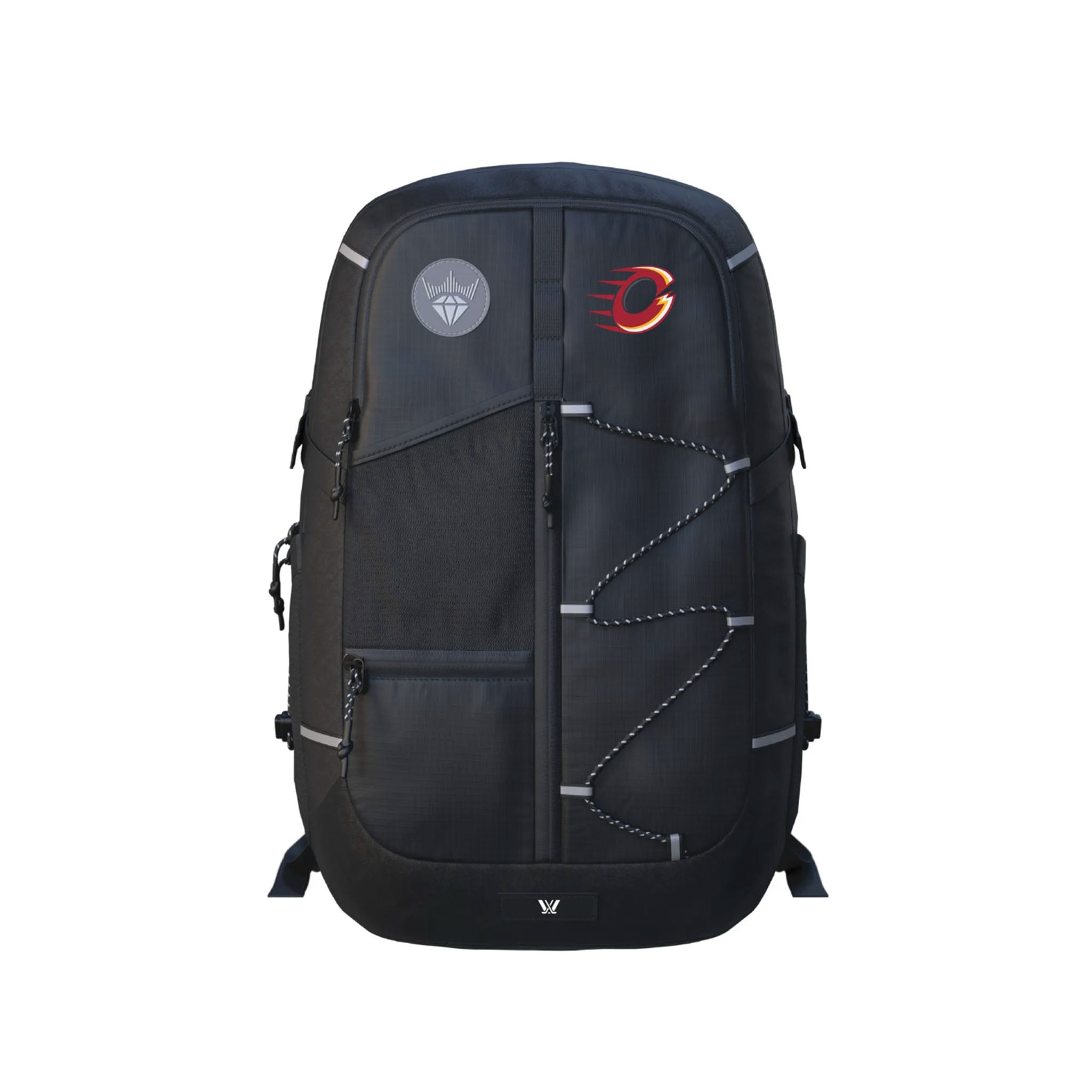 A black backpack with multiple zippered compartments, silver reflective straps, and two circular patches on the front, one featuring a gray diamond icon and the other a red and orange circular logo, shown against a plain white background.
