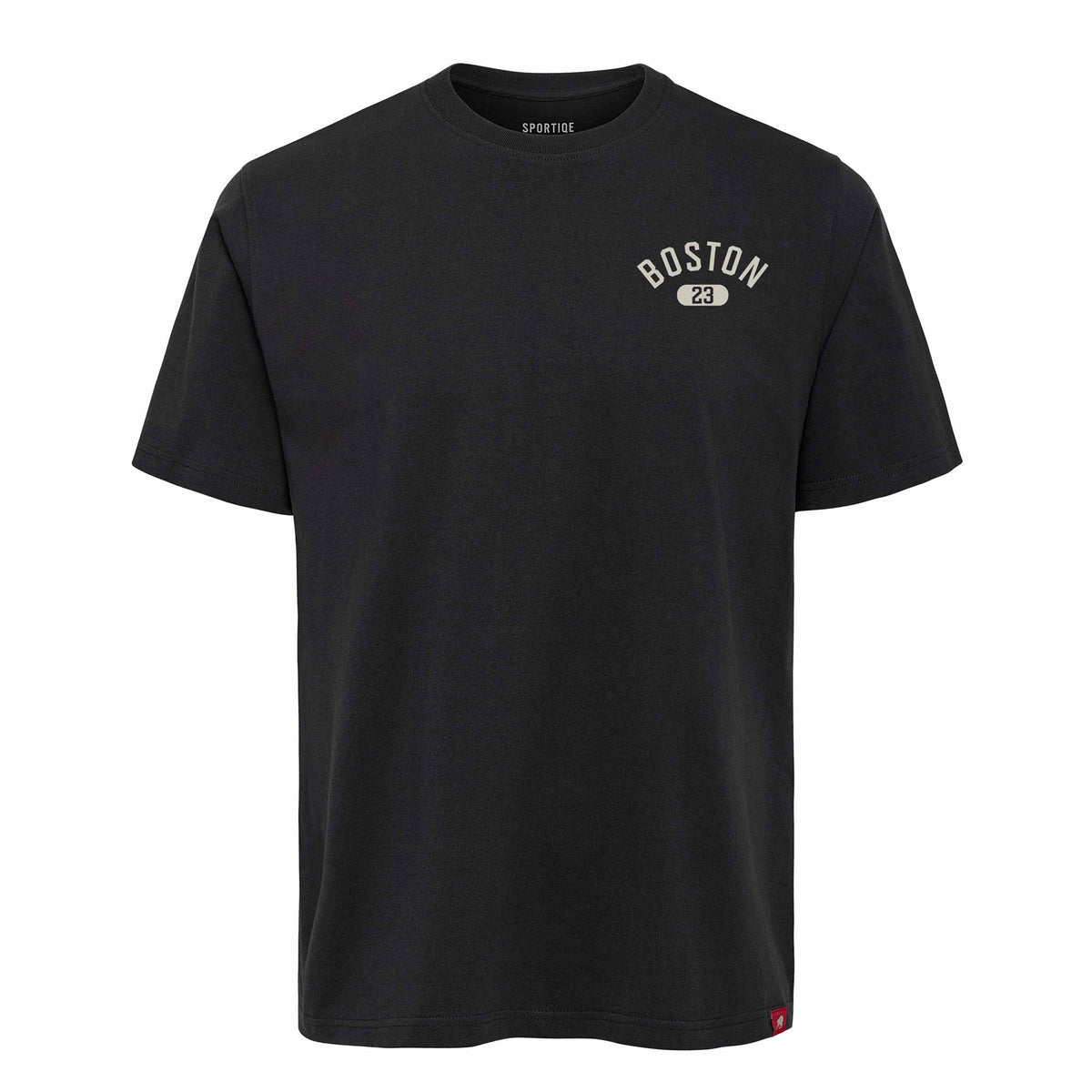 Front of a coal-color short sleeve shirt. On the left chest, 'BOSTON' in white arched writing with '23' in a white oval below it.