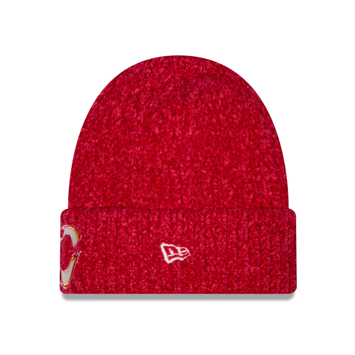 Side of red knit Ottawa Charge beanie with a folded cuff, featuring a central embroidered New Era logo.