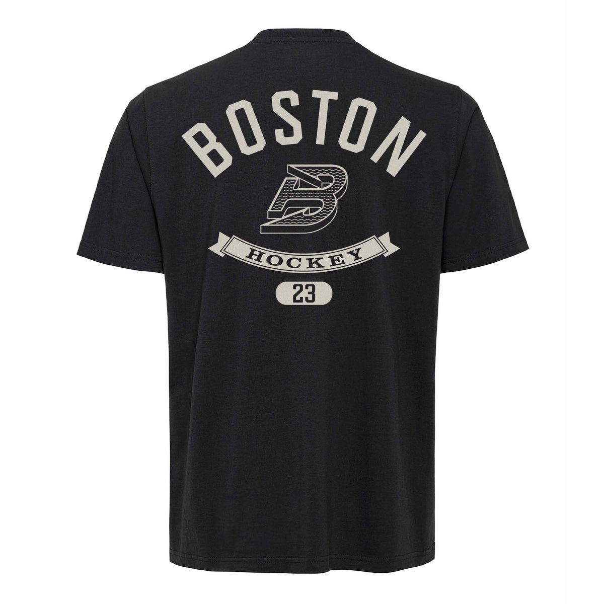 The back of a black short sleeve shirt with a white Boston Fleet logo. Above it is 'BOSTON' in white and below it is a robin with 'HOCKEY' cut out of it and an ovel with '23' cut out.