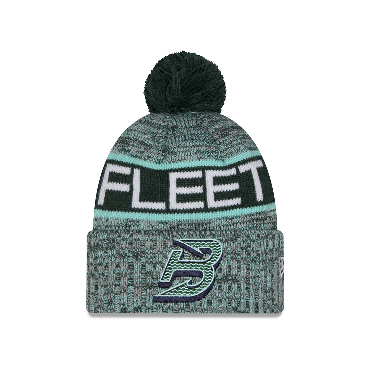 A heathered knit pom-pom Boston Fleet beanie hat featuring large green and blue stripe, FLEET stitched into stripe and embroidered Boston Fleet logo displayed on a folded cuff.