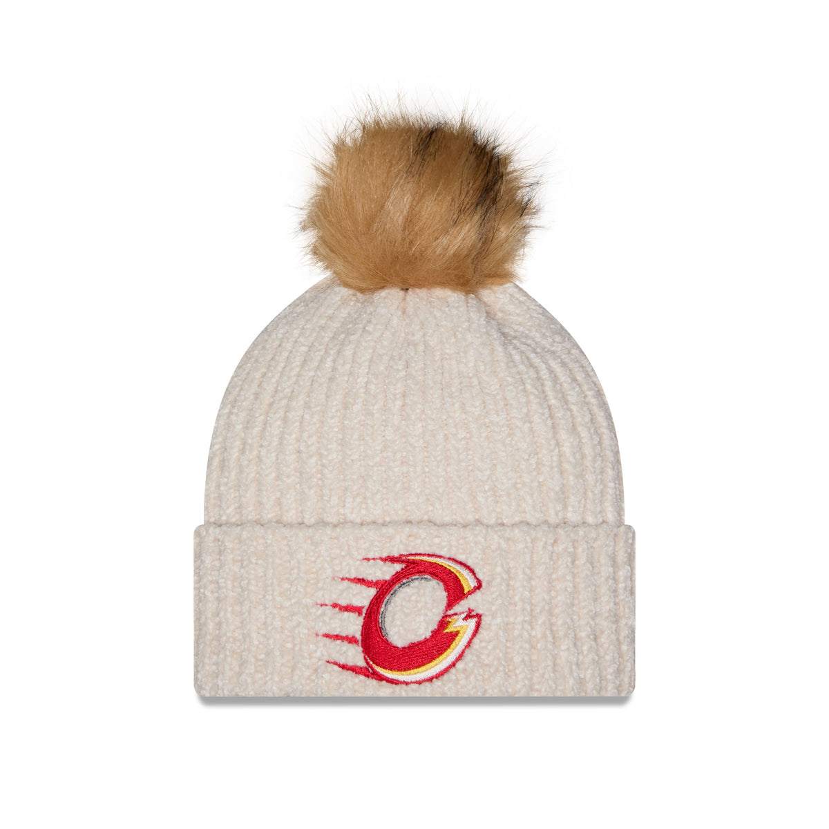 Front of cream-colored ribbed knit beanie hat with a brown faux-fur pom-pom on top and a cuffed brim featuring a Ottawa Charge logo.