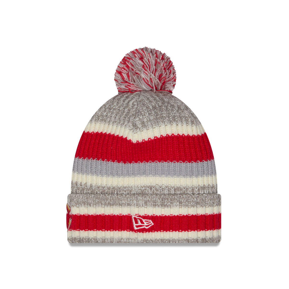 Side of a knit pom-pom Ottawa Charge beanie hat featuring horizontal stripes in heather gray, red, cream, and gray, with a folded cuff featuring a New Era Logo.