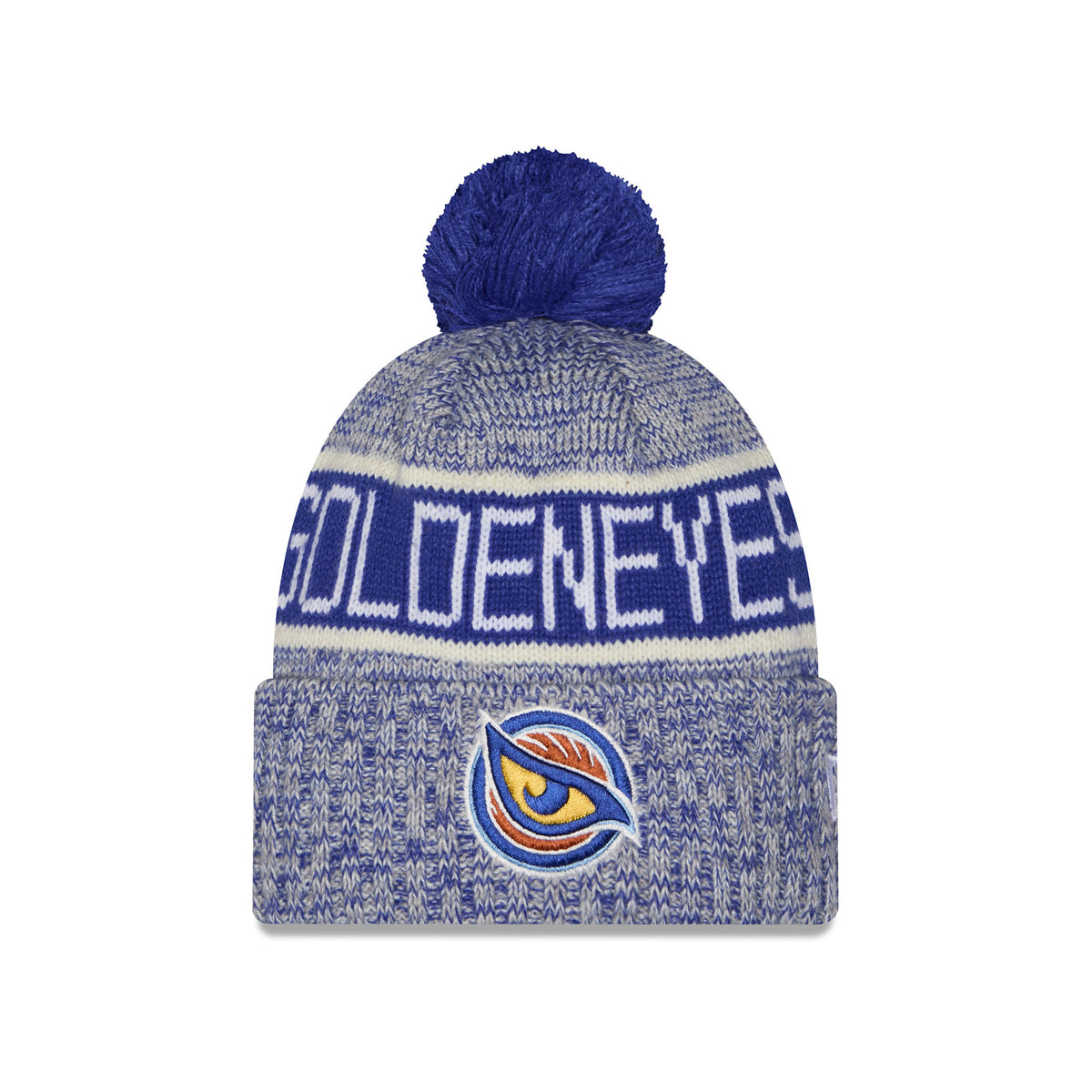 A youth heathered blue knit pom-pom Vancouver Goldeneyes beanie hat featuring large blue and white stripe, GOLDENEYES stitched into stripe and embroidered Vancouver Goldeneyes logo displayed on a folded cuff.