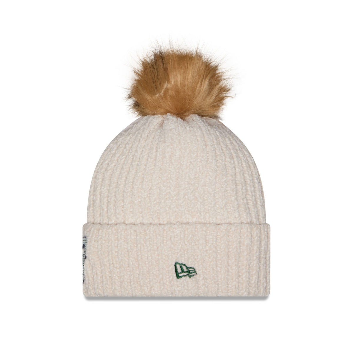 Side of cream-colored ribbed knit Boston Fleet beanie hat with a brown faux-fur pom-pom on top and a cuffed brim with green New Era Logo.