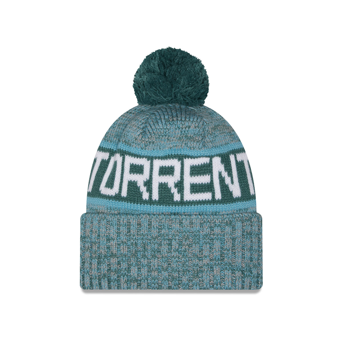 Back of a heathered knit pom-pom Seattle Torrent beanie hat featuring large turquoise and blue stripe, TORRENT stitched into stripe and a folded cuff.