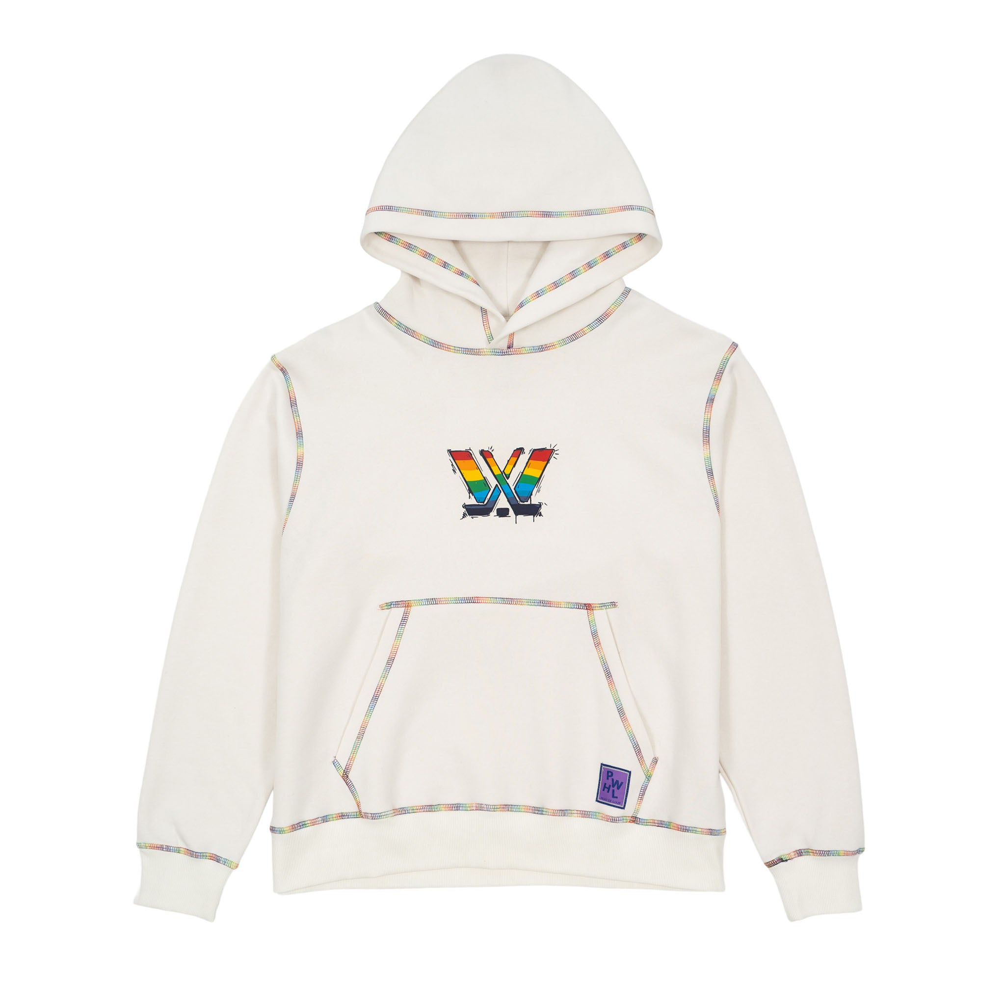 White hoodie with colorful logo on a white background