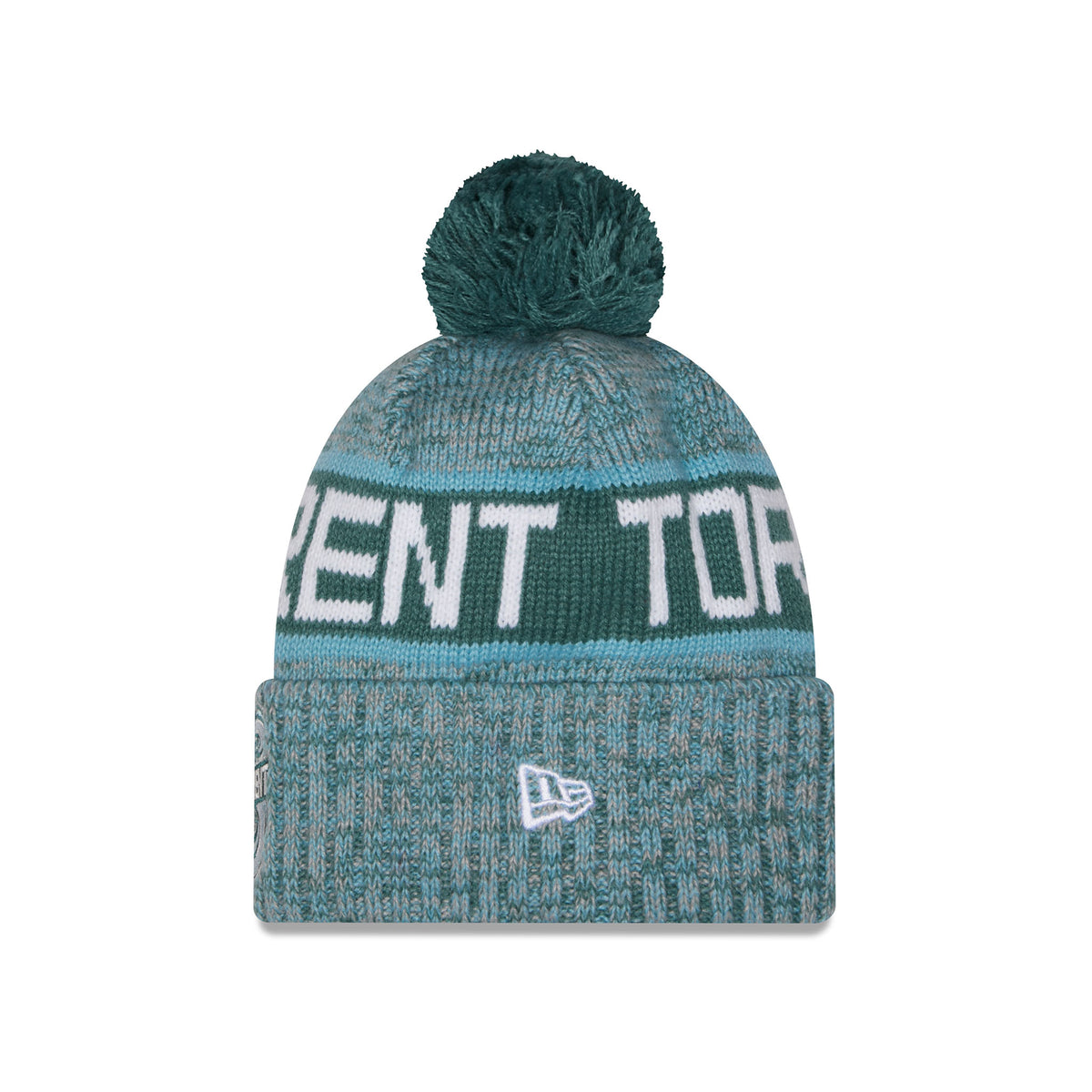 Side of a heathered knit pom-pom Seattle Torrent beanie hat featuring large turquoise and blue stripe, TORRENT stitched into stripe and a folded cuff with embroidered New Era Logo.