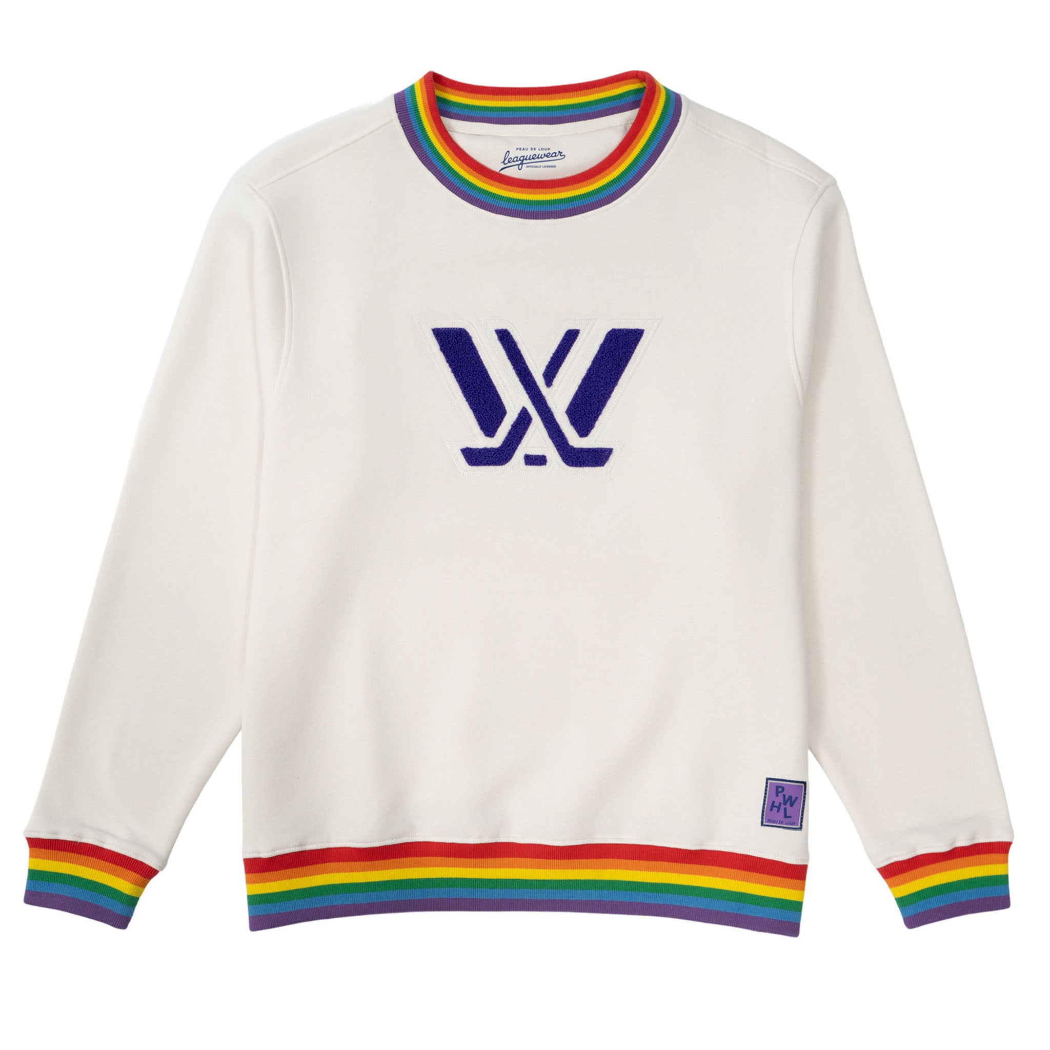 White sweatshirt with rainbow accents and a logo on a white background