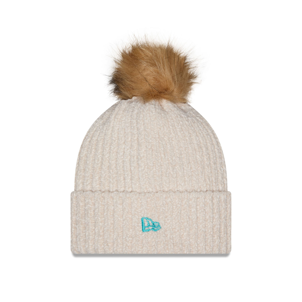 Side of cream-colored ribbed knit New York Sirens beanie hat with a brown faux-fur pom-pom on top and a cuffed brim with blue New Era Logo.