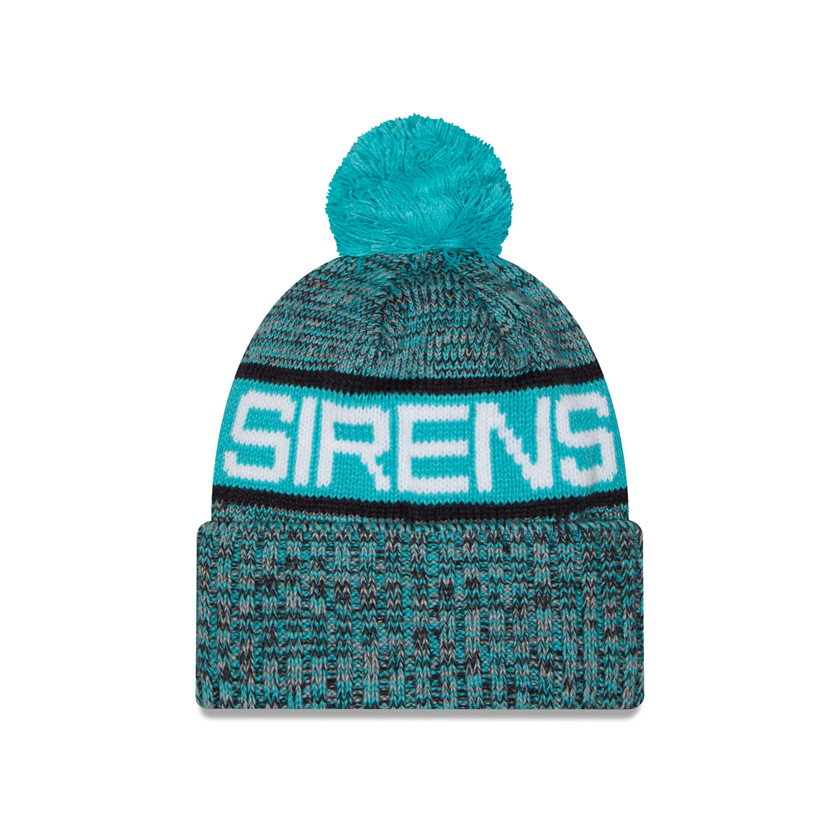 Back of a heathered knit pom-pom New York Sirens beanie hat featuring large blue and black stripe, SIRENS stitched into stripe and a folded cuff.