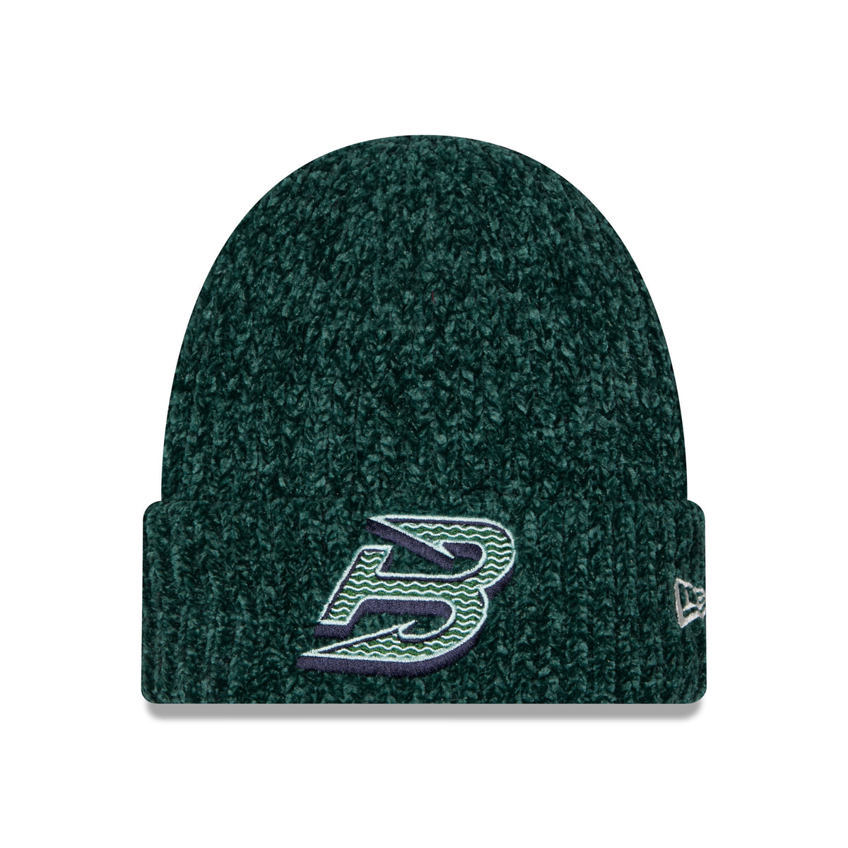 Front of green knit beanie with a folded cuff, featuring a central embroidered logo for the Boston Fleet.