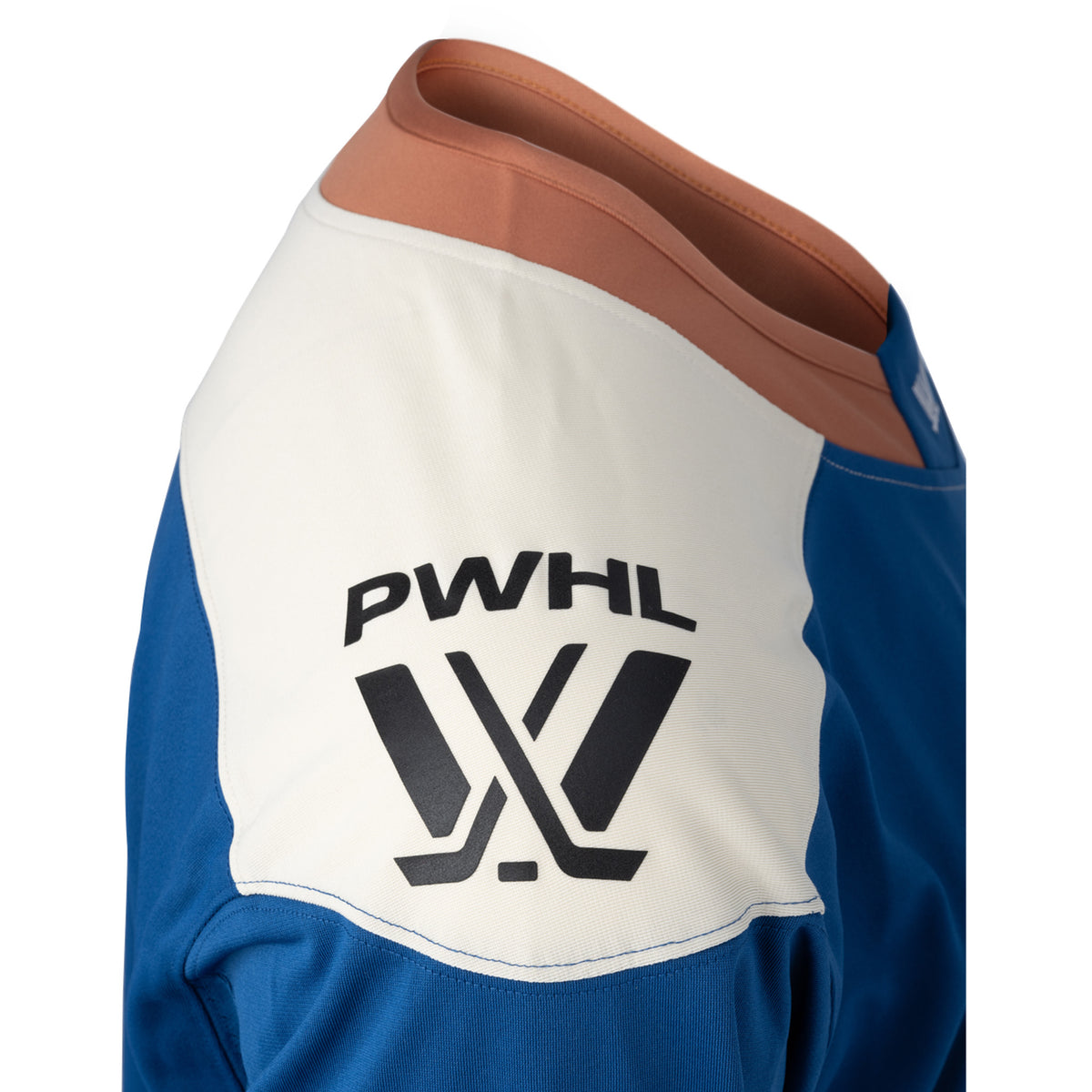 The shoulder of the blue jersey is cream with a black PWHL logo and a tan collar.
