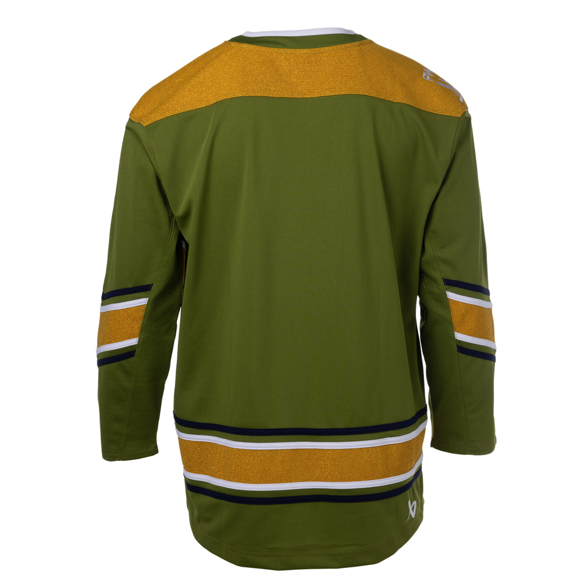 Back of a green jersey with sparkling gold shoulder caps and stripes along the sleeves and bottom hem surrounded by white and black stripes. The collar is green with white trim on top. A white PWHL logo is on the right shoulder and a Bauer logo is above the bottom right hem.