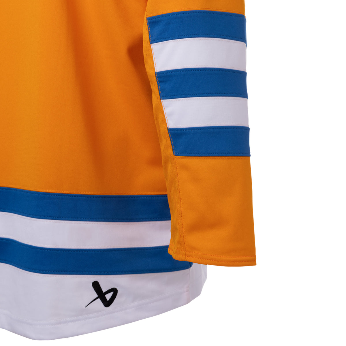 Back of an orange jersey with blue and white stripes along the sleeves and bottom hem. A black Bauer logo is above the bottom right hem.