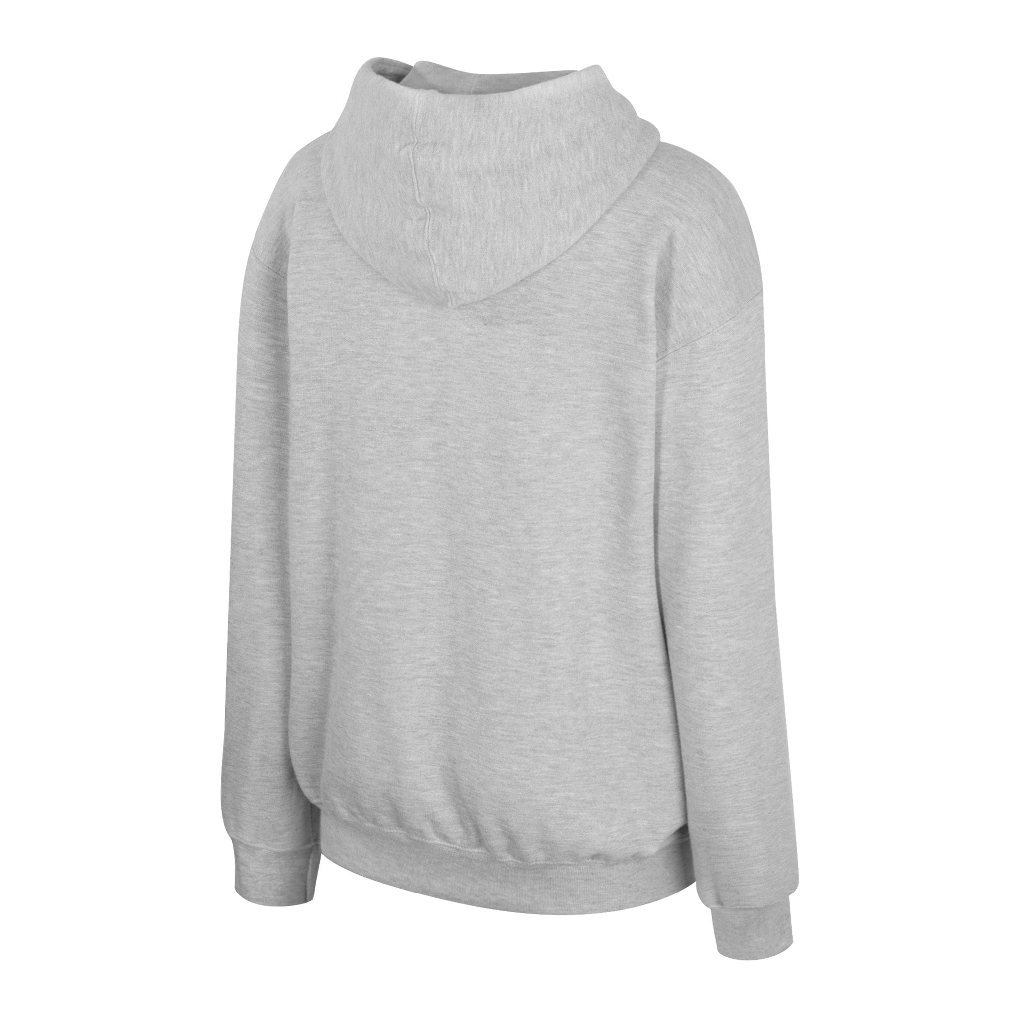 A light gray heathered pullover hoodie with a mock neck or high collar, shown from the back on a plain white background.