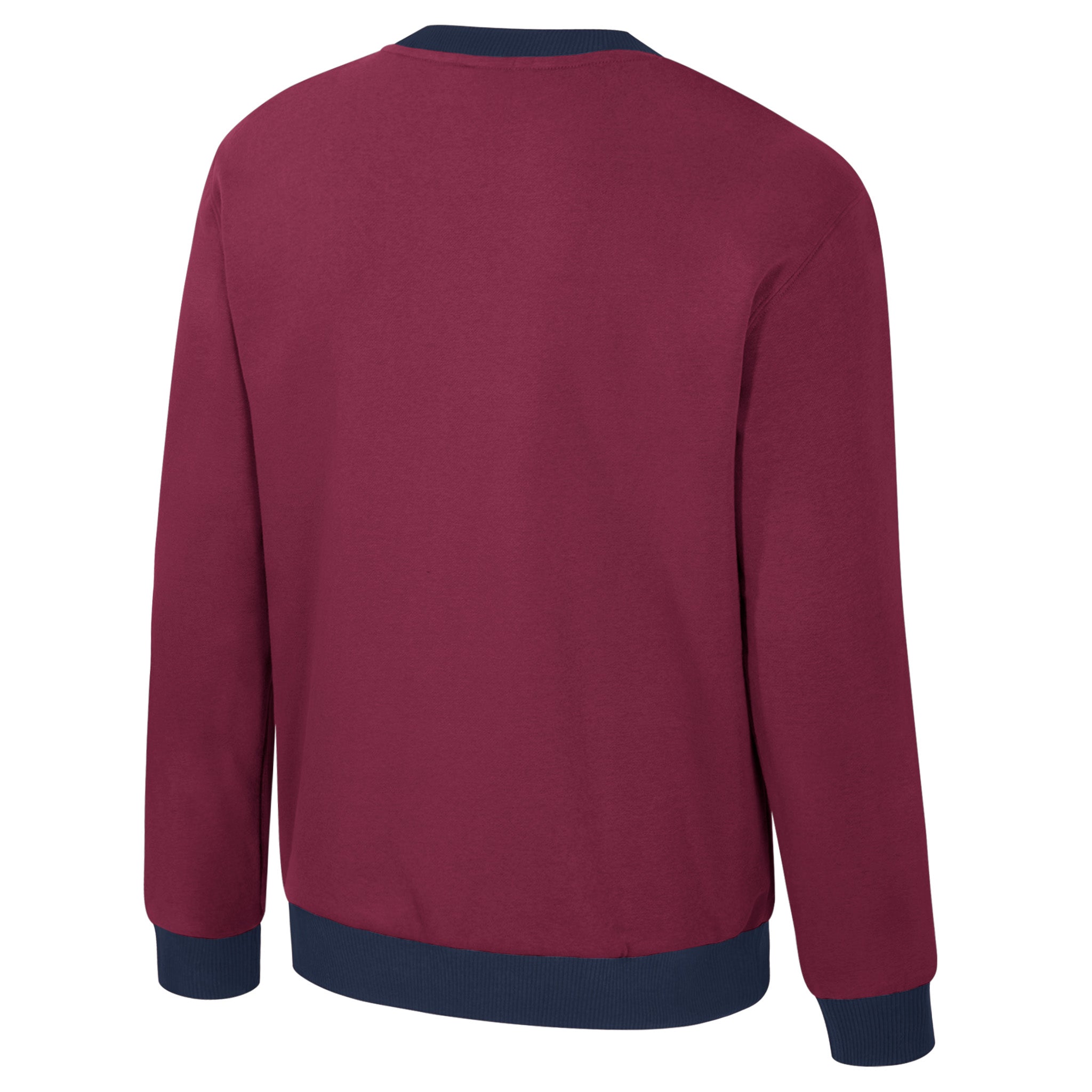 Maroon sweatshirt with navy cuffs and collar on a white background