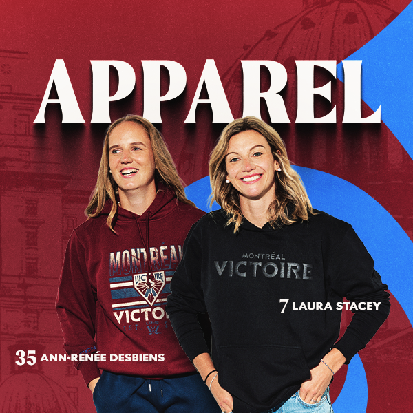 Two women standing side by side wearing Montreal Victoire apparel, with a red and blue graphic background and large white text reading APPAREL. The left woman wears a burgundy hoodie with team graphics and text, and the right woman wears a black hoodie with a gray team logo.