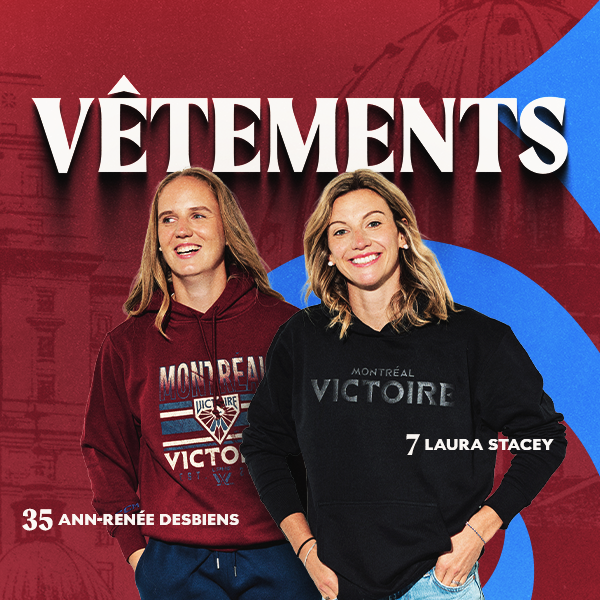 Two women standing side by side wearing custom Montreal Victoire hoodies, with a red and blue graphic background and the French word 'VÊTEMENTS' in large white letters at the top.