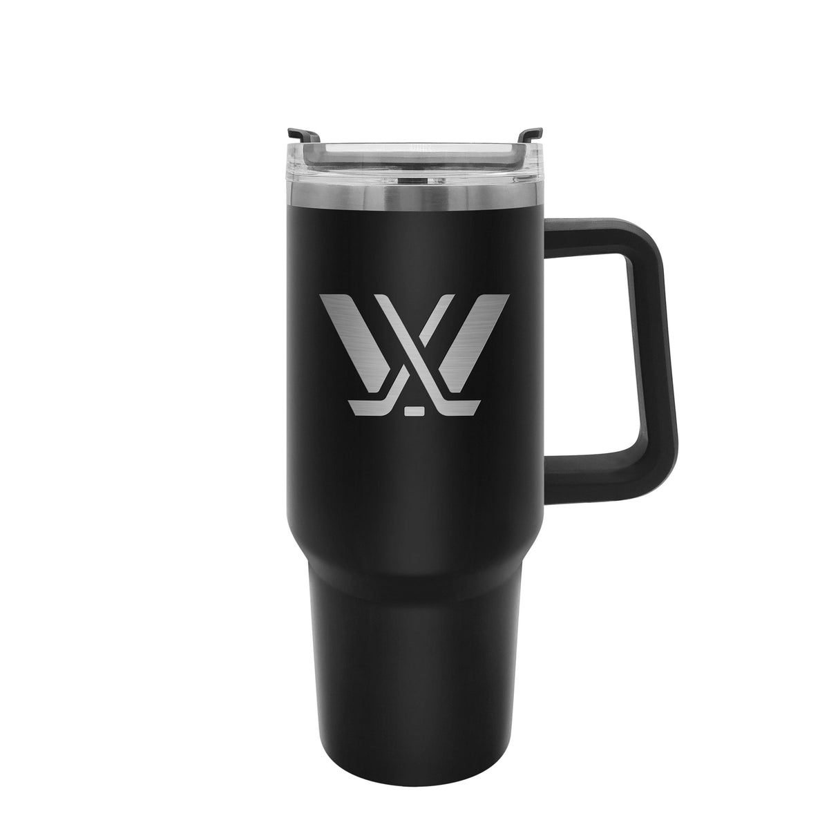 A matte black insulated travel tumbler with a handle, clear lid, and a silver geometric logo on the front, shown on a plain white background.