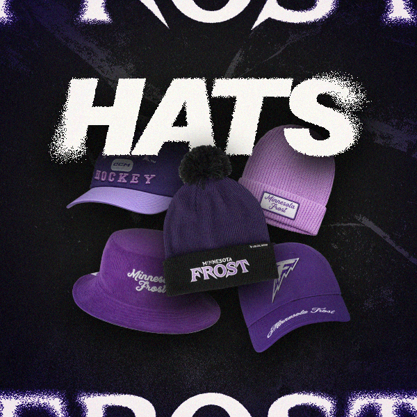 A promotional graphic showing multiple Minnesota Frost branded winter hats and caps in purple and lavender tones, including a beanie with a pom-pom, visors, and a knit cap, arranged against a dark textured background with large white 'HATS' text.