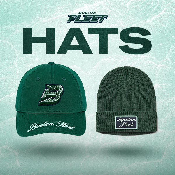 Two Boston Fleet themed caps displayed against a light teal textured background with 'BOSTON FLEET HATS' text above. On the left is a dark green structured baseball cap with a distressed white 'B' logo and white script embroidery on the brim.