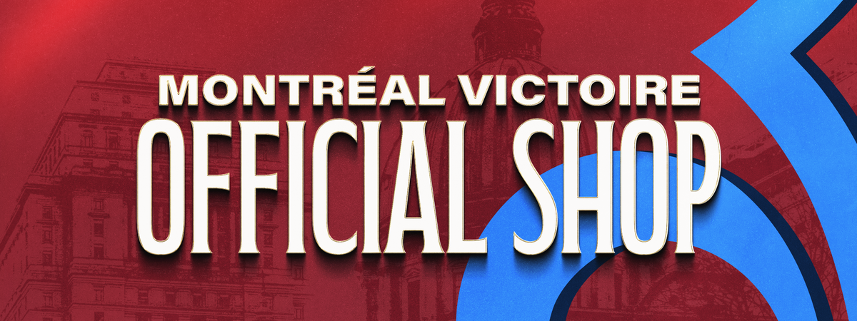 A promotional graphic with the text 'MONTREAL VICTOIRE OFFICIAL SHOP' in large white letters over a red background with a faint building silhouette and blue graphic shapes.