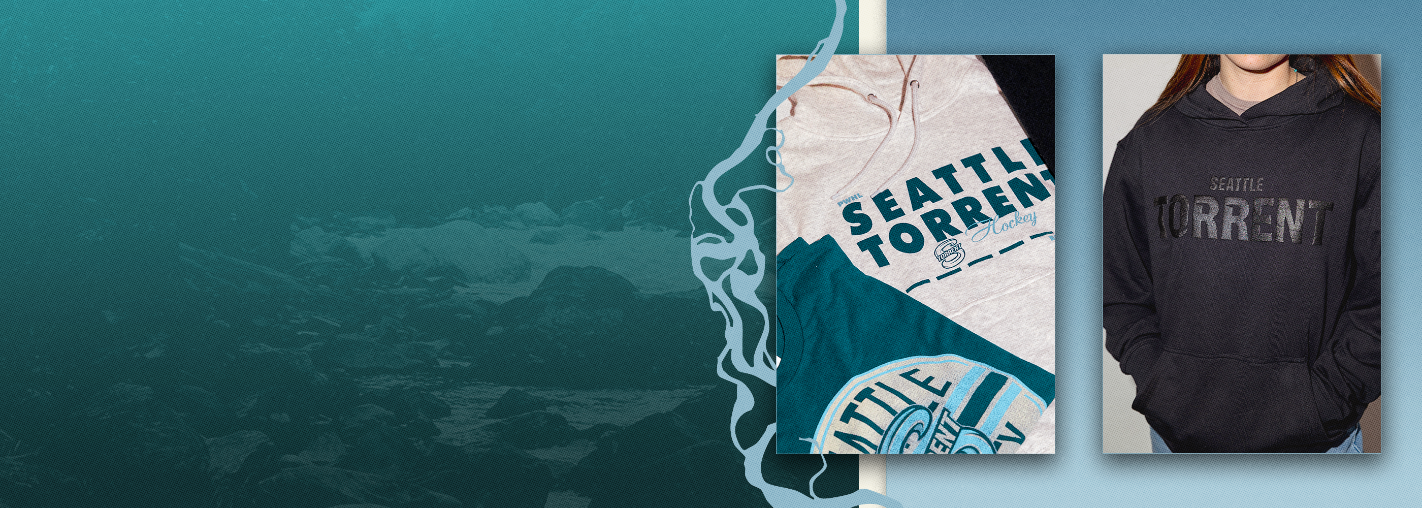 Two sweatshirts with 'Seattle Torrent' text on a teal background
