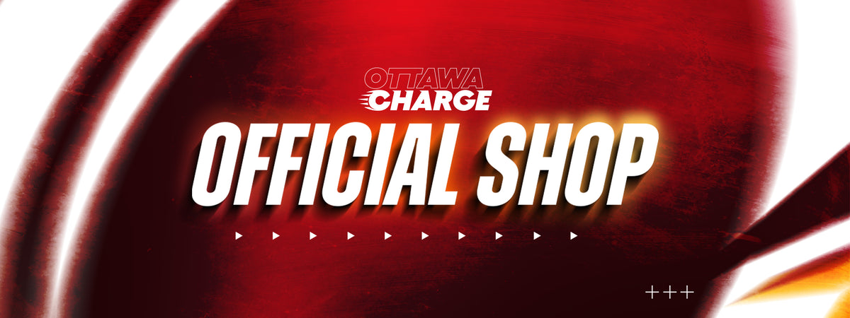 Promotional graphic with the text 'OFFICIAL SHOP' in large white letters over a red and black abstract background, with 'OTTAWA CHARGE' above it.