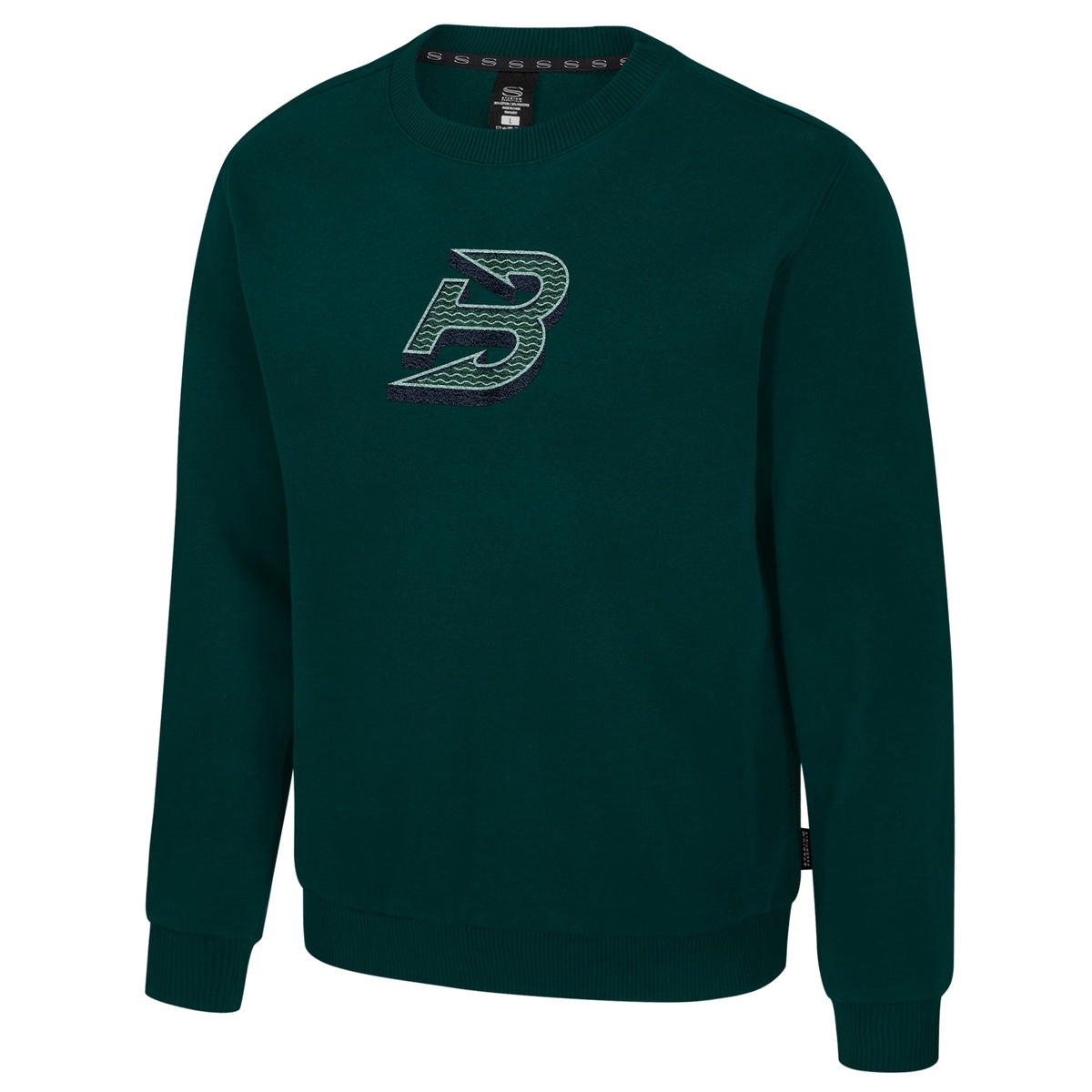 The front of a green crew neck sweatshirt with ribbed collar, cuffs and bottom band. The Boston Fleet logo is embroidered in the center of the chest.