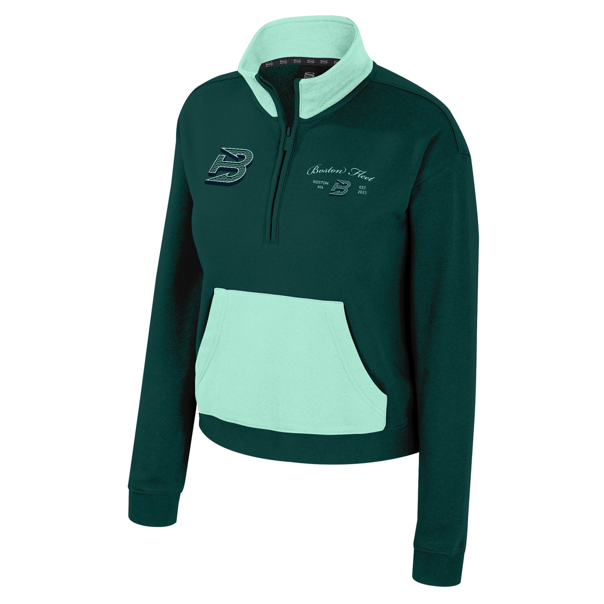 The front of a green fleece half zip with teal color blocking on collar and front pocket. The right chest has an embroidered Boston Fleet logo. The left chest has ‘Boston Fleet’ embroidered in teal cursive above a small, embroidered New Boston Fleet Logo with ‘BOSTON, MA’ and ‘EST 2023’ on each side of it.
