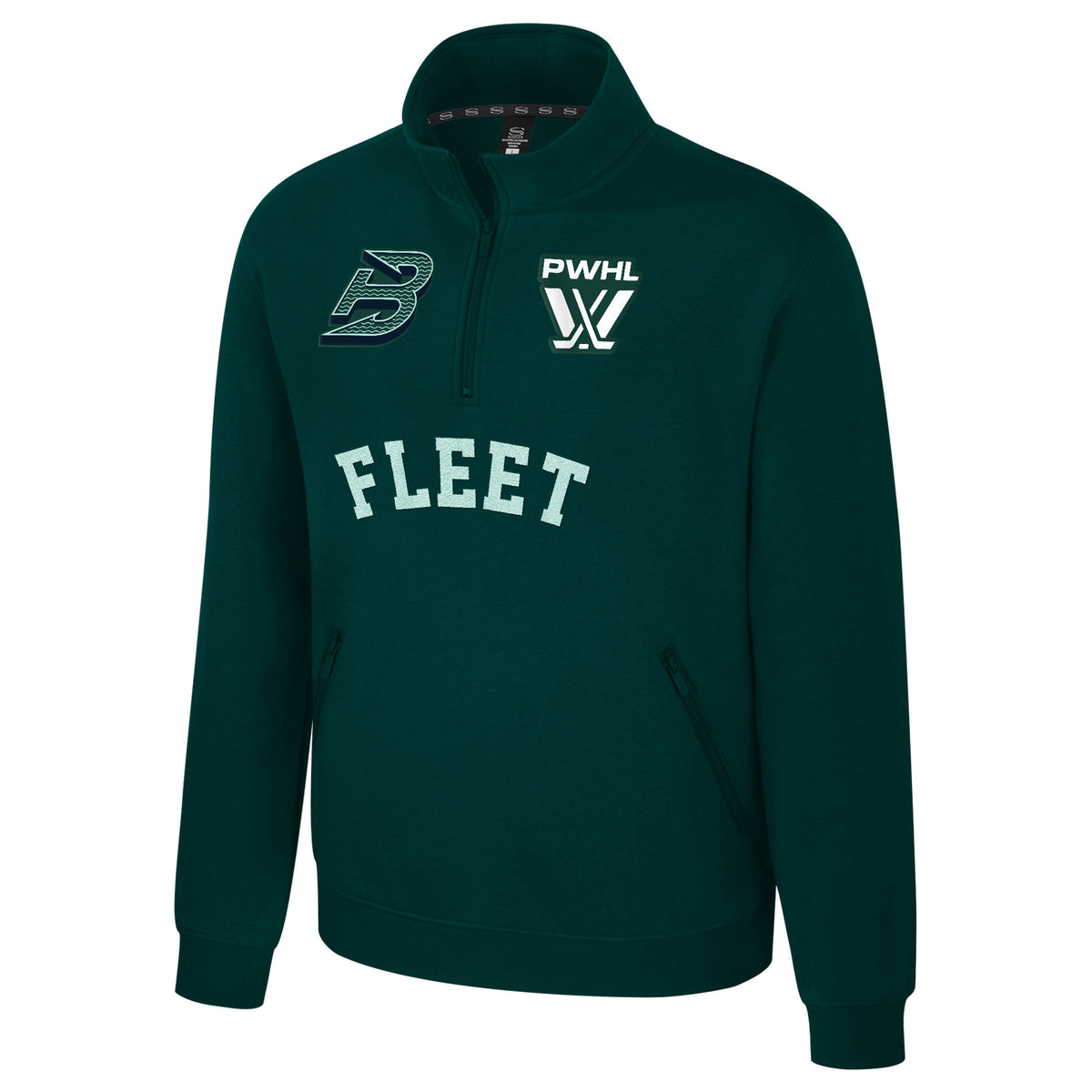 The front of a green fleece quarter zip with an embroidered white PWHL logo on the left chest and a Boston Fleet logo on the right chest. Below the zipper is a light blue embroidered 'FLEET'.