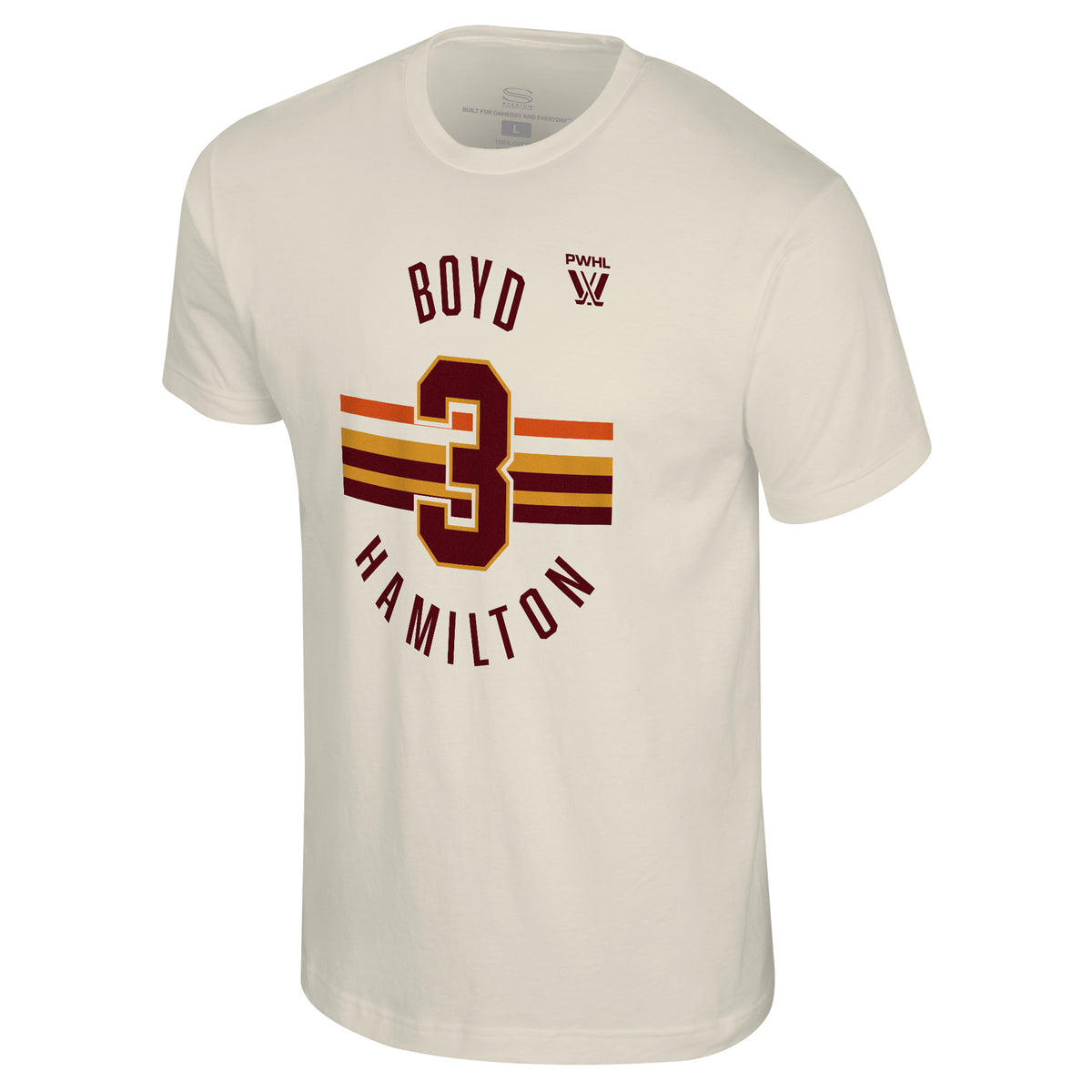 The front of a cream short sleeved shirt. Maroon, gold, and orange stripes are across the center with a maroon '3' outlined in gold on top of them. 'BOYD' in maroon is on top with the PWHL logo next to it. 'HAMILTON' is below in maroon.