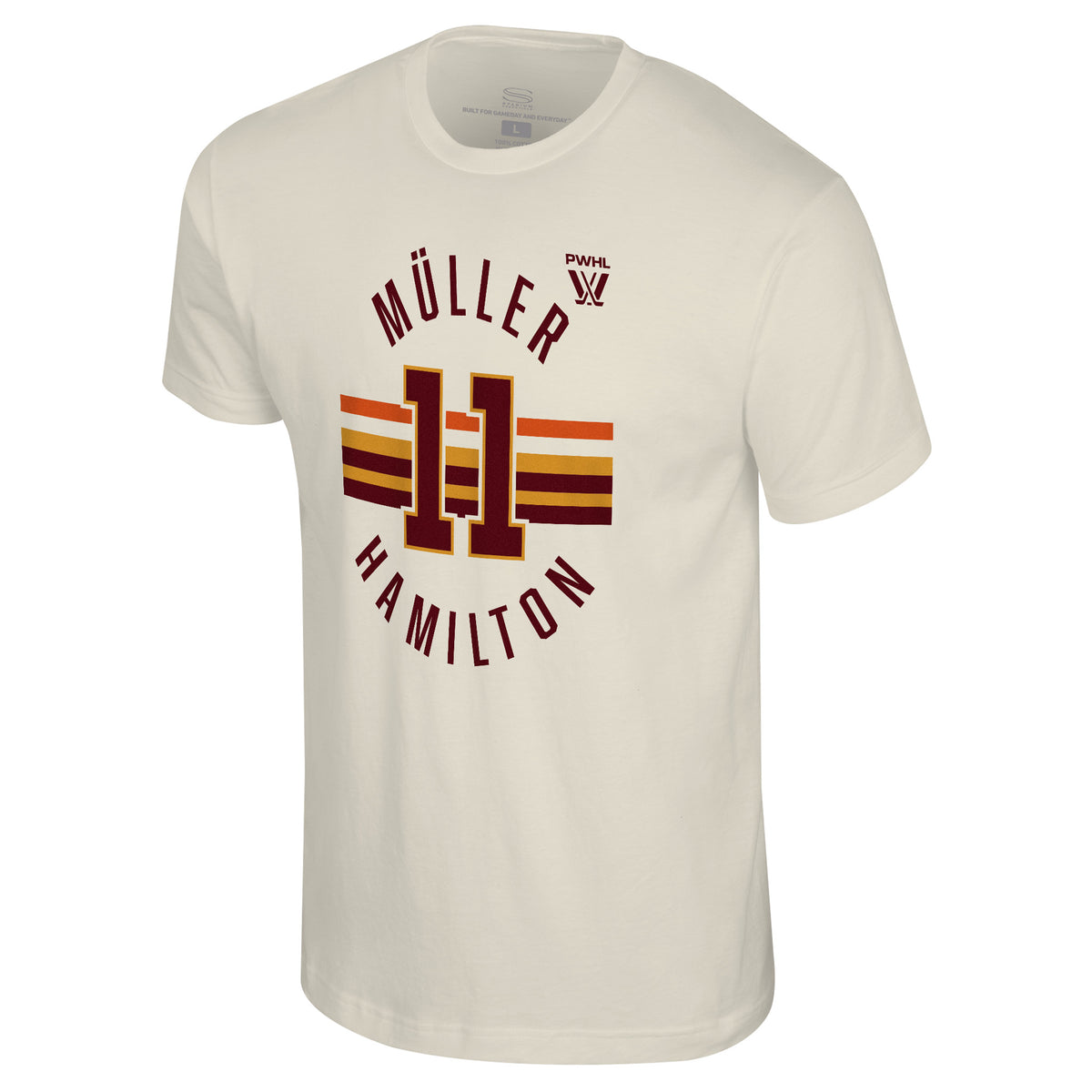The front of a cream short sleeved shirt. Maroon, gold, and orange stripes are across the center with a maroon '11' outlined in gold on top of them. 'MULLER' in maroon is on top with the PWHL logo next to it. 'HAMILTON' is below in maroon.