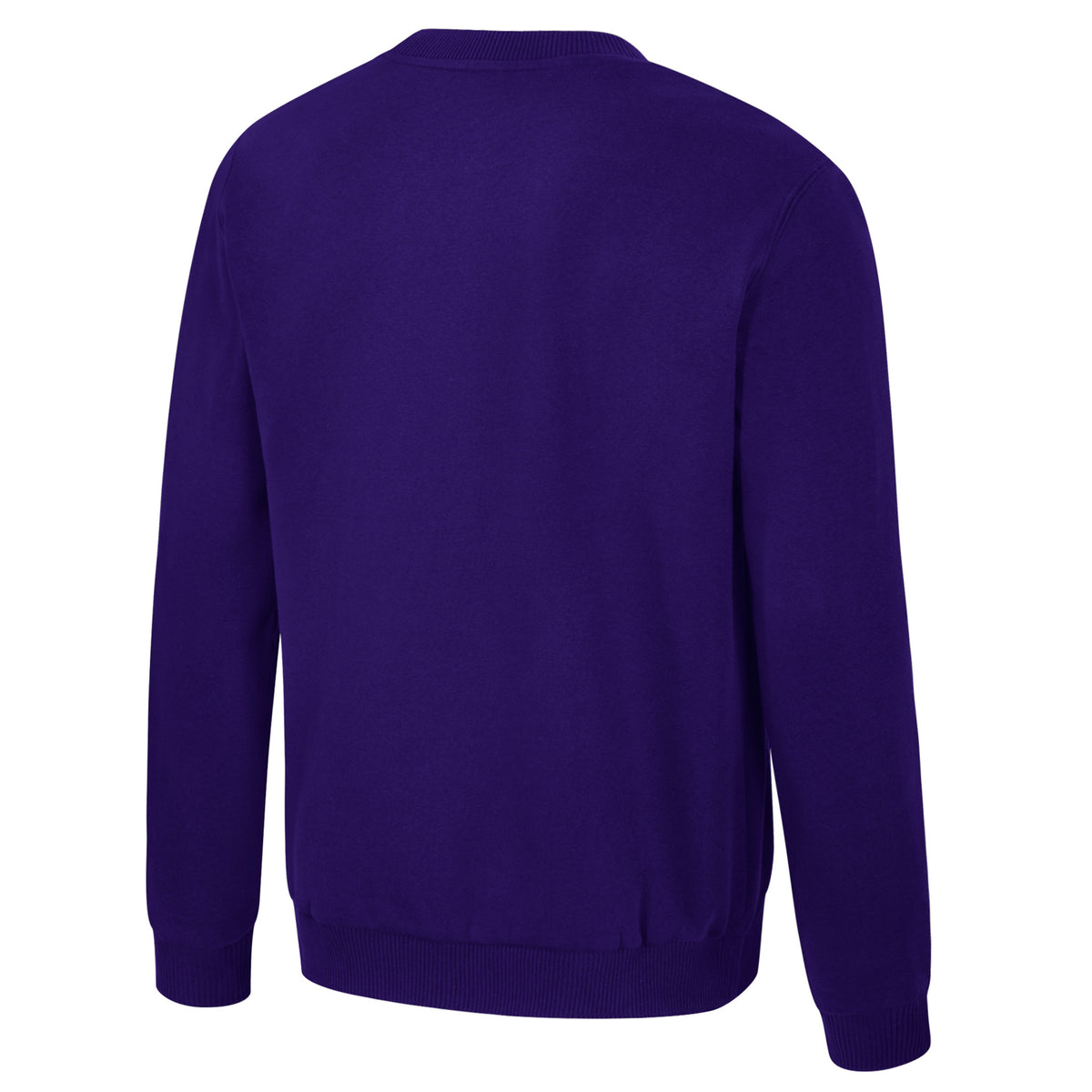 The back of a purple crew neck Minnesota Frost crew neck sweatshirt. The collar, cuffs, and bottom have ribbed detailing.